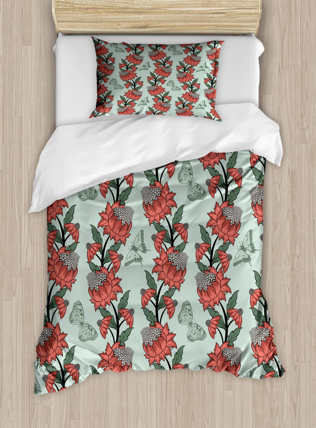 Ambesonne Floral Duvet Cover Set King Size - 2 Pack Butterfly & Flower Silhouette Design, Pale Blue Coral Bedding with 2 Duvet Covers & 4 Pillowcases - Perfect for Master Bedroom, Guest Room & Bohemian Home Decor