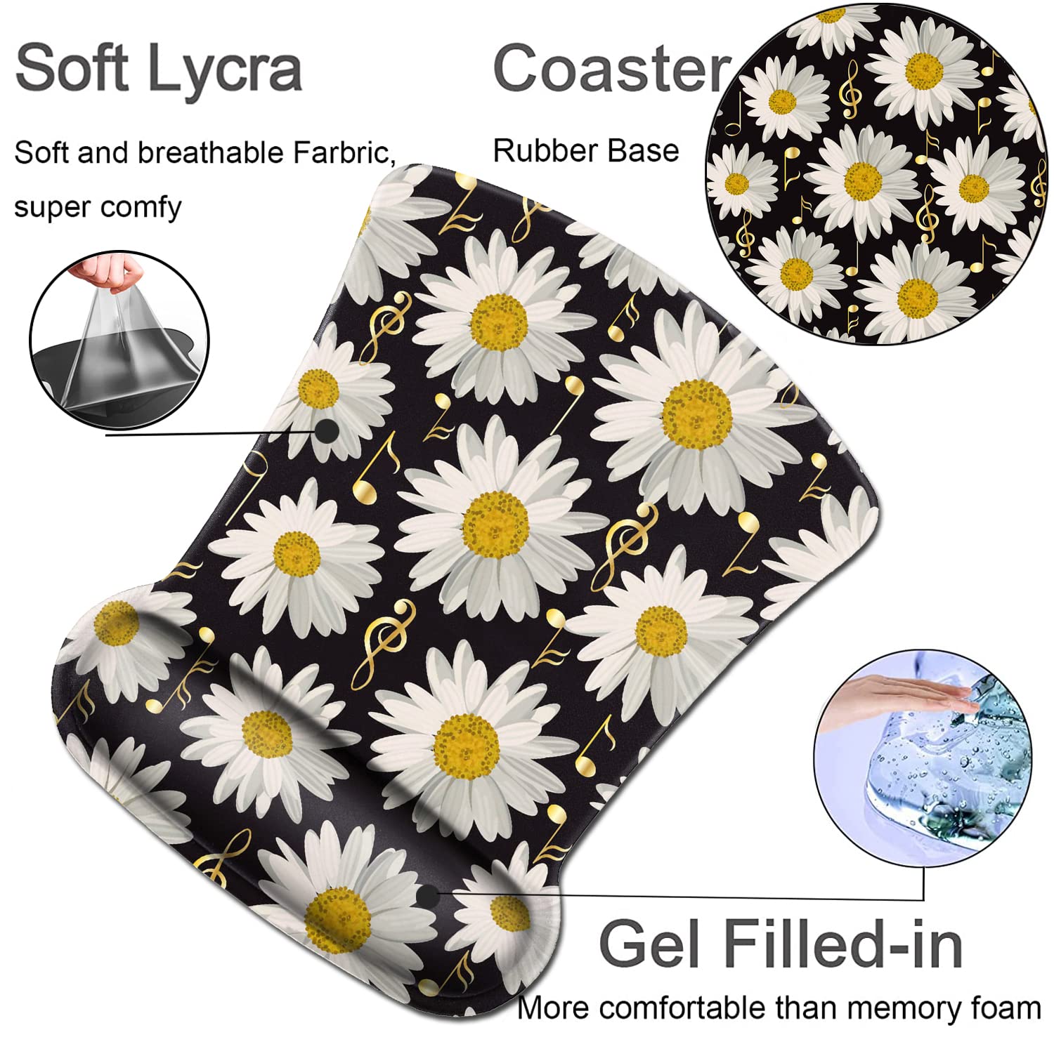 Ergonomic Gel Mouse Pad with Wrist Support - Non-Slip Soft Office & Gaming Mouse Pad for Fatigue Relief - White Daisy Flowers Music Notation Design - Perfect for Typing, Computer Work & Long Gaming Sessions