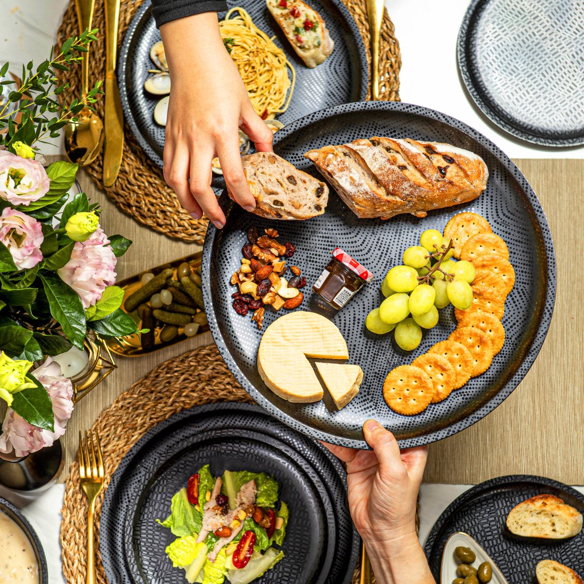 2-Piece Mono Melamine Round Platter Set - Black & White - Durable & Stylish Serving Dishes for Parties, Picnics, and Everyday Use