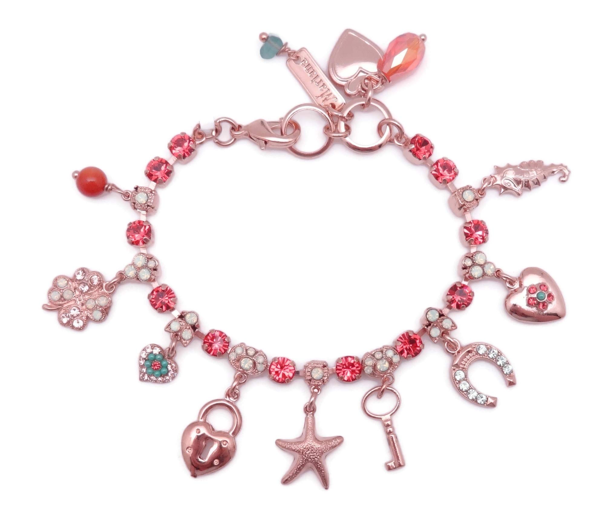 Mariana Boloria Dia Rose Goldtone Charm Bracelet with Indian Pink & Green Crystals - Elegant Jewelry for Women, Perfect for Parties, Weddings & Special Occasions