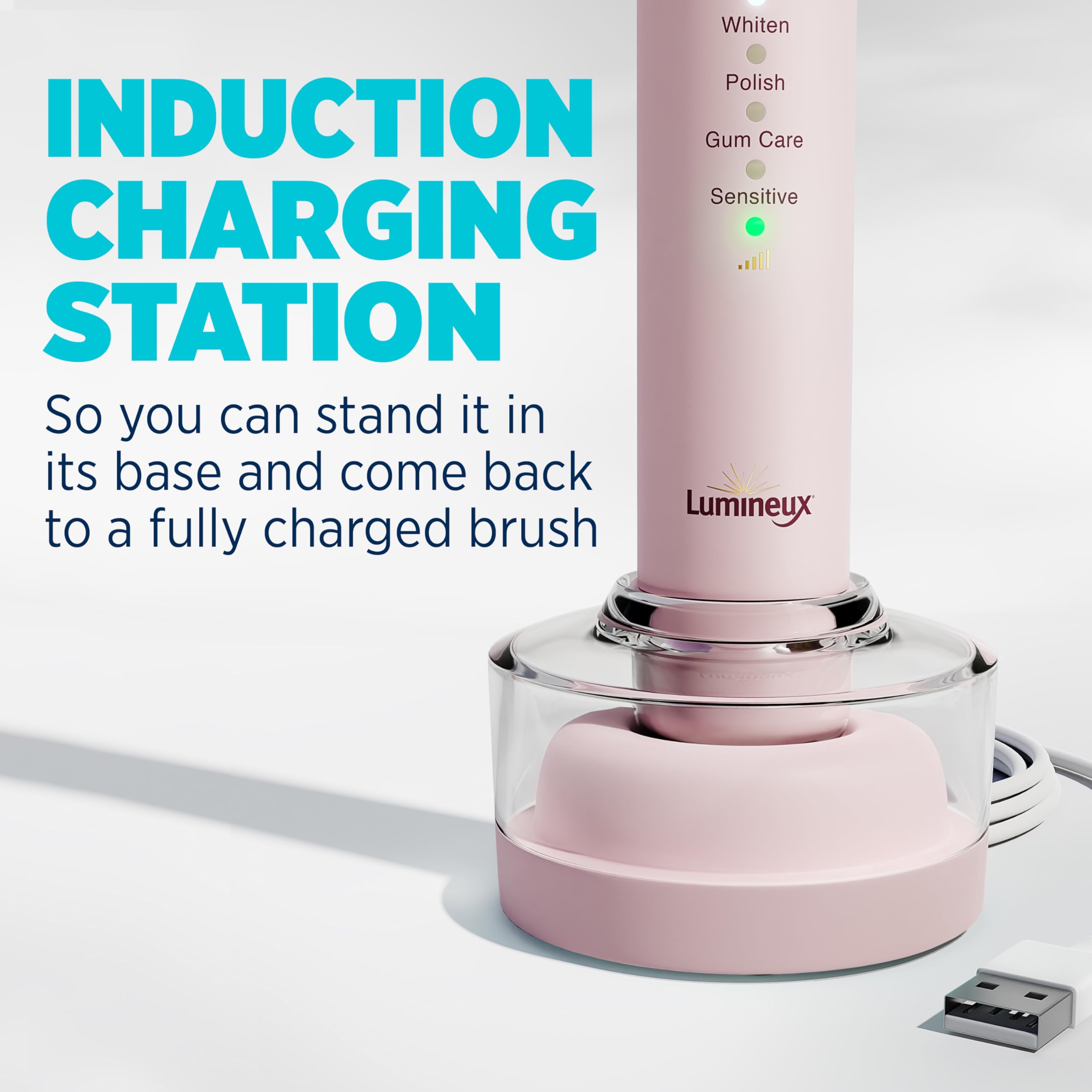 Lumineux Sonic Bamboo Electric Toothbrush for Adults - Teeth Whitening with 2 Soft Bristle Replaceable Heads, Charging Station & USB Cord - Rechargeable Bloom Pink Toothbrush for Home & Travel Use