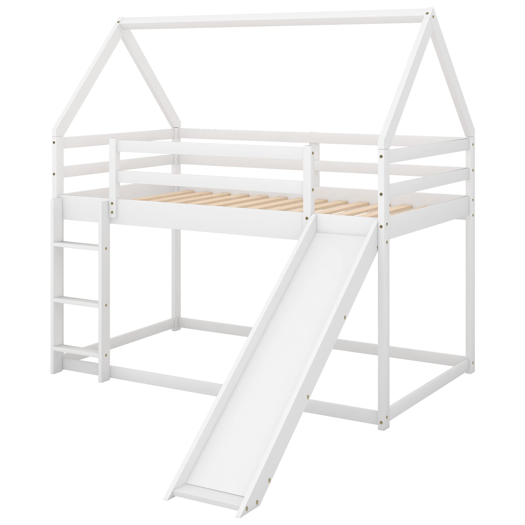 White Twin Over Twin Wooden Bunk Bed with Slide - Kids & Teens House Bunk Bed Frame - Safe Floor Toddler Bunk Bed for Boys & Girls - Perfect for Bedrooms, Playrooms & Small Spaces