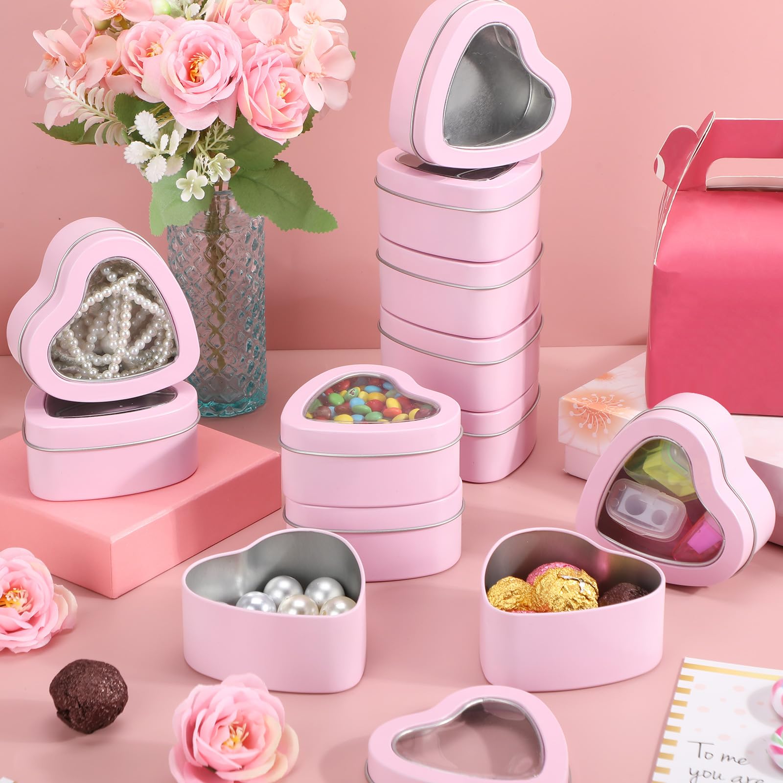 12 Pcs 6.5 oz Heart Shaped Metal Tins with Clear Window Lids - Valentine's Day Candle Containers, Empty Heart Box for DIY Candle Making, Candy Storage, Gift Packaging & Jewelry Organizer (Pink) - Perfect for Romantic Gifts, Wedding Favors, Party Decor & Home Storage