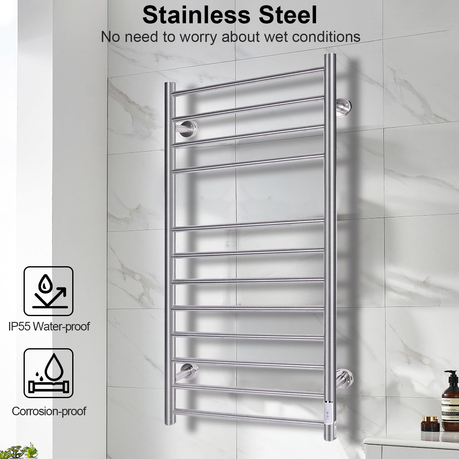 JSLOVE Wall Mounted Heated Towel Rack - Stainless Steel Electric Towel Warmer with Built-in Timer, Plug-in or Hardwired Installation, Brushed Polish (12 Bars, Silver) - Perfect for Bathroom, Spa, Gym & Luxury Home Use