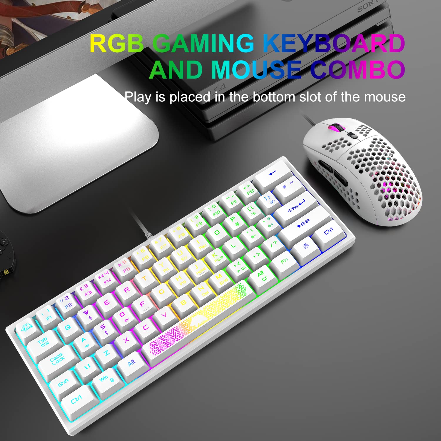 60% RGB Mechanical Feel Gaming Keyboard & 6400 DPI Honeycomb Optical Mouse Combo with LED Backlight - Includes Gaming Mouse Pad | Perfect for PC Gamers, Esports & Office Typists