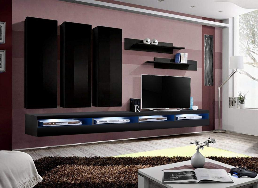 Modern Wall-Mounted TV Stand with Storage & LED Lights - E1 35TV Entertainment Center Console for Living Room & Bedroom - Black Floating TV Cabinet with Shelves - Perfect for Small Spaces & Home Theater Setup
