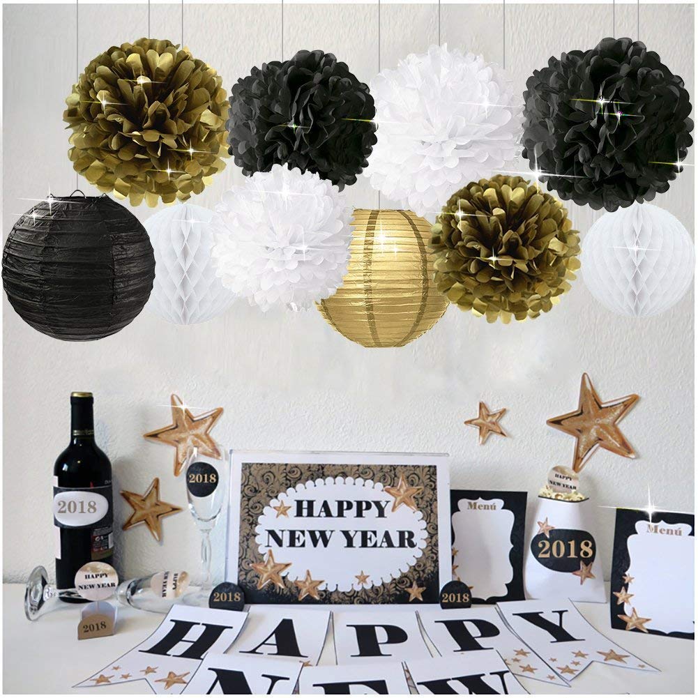 Gold Black White New Year's Party Decorations Kit - Tissue Paper Pom Poms, Paper Lanterns & Hanging Decorations for NYE, Birthday Celebrations | Perfect for Home, Office & Event Decor
