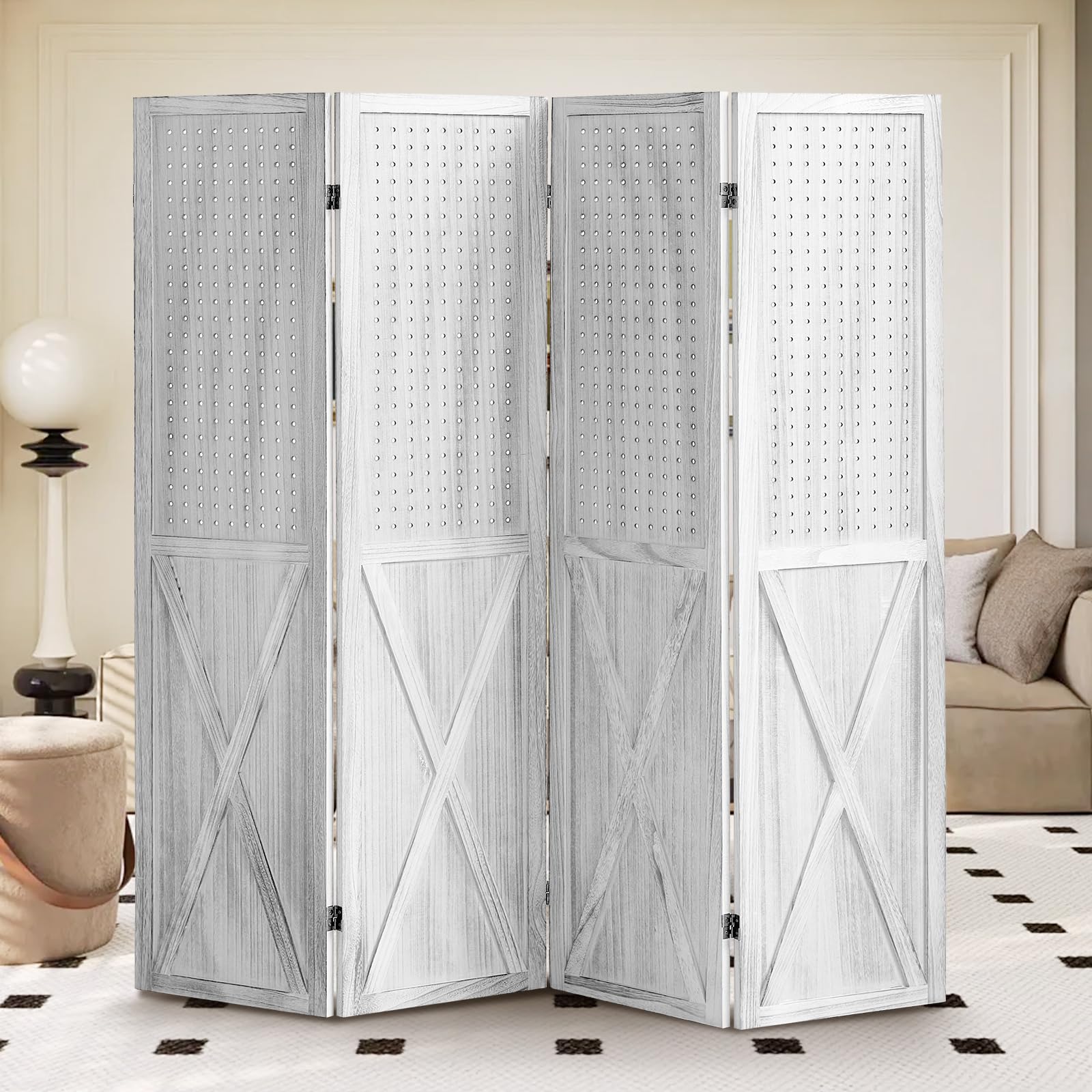4 Panel Pegboard Room Divider - 5.6Ft Wooden Folding Privacy Screen & Display Organizer for Art, Jewelry, Craft Shows - Perfect for Home Office, Retail Displays, and Event Booths (White)