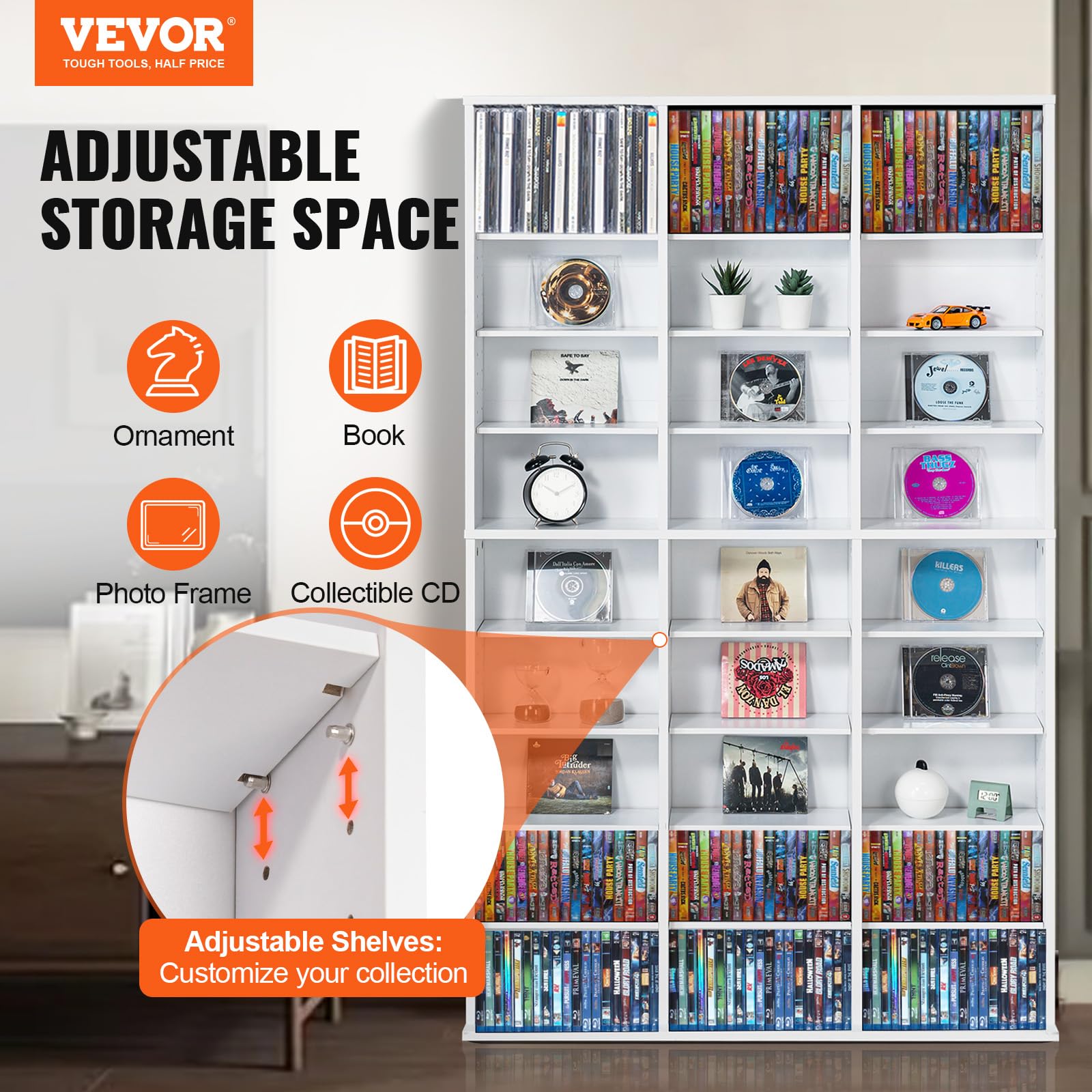 VEVOR Adjustable CD/DVD Storage Organizer - 9-Tier Shelf with 27 Compartments Holds 756 Discs - Protect & Organize Music, Movies, Video Games & Memorabilia Collections (White) - Perfect for Home Theater, Office & Media Room Organization
