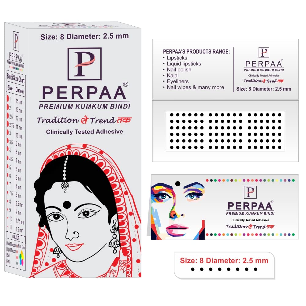 PERPAA Premium Black Round Bindi for Women - Velvet Sticker Pack of 6 Boxes (15 Flaps Each) - Elegant Indian Forehead Jewelry for Weddings, Parties & Festivals - Black Combo No.33