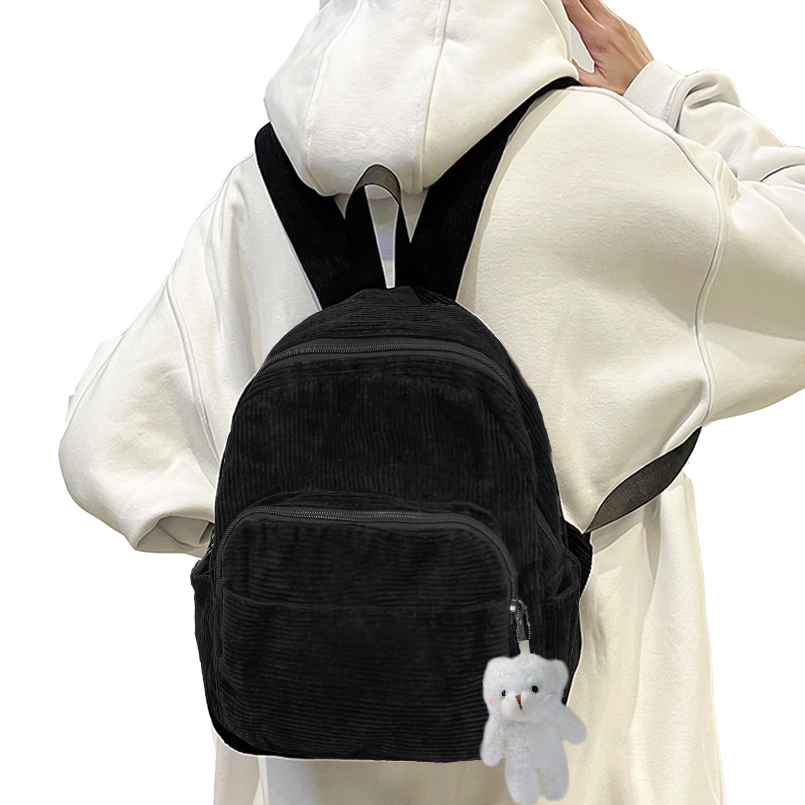 Stylish Mini Backpack for Women & Girls - Cute Corduroy Small Backpack Purse with Adorable Bear Pendant | Perfect Gift for School, Travel & Everyday Use