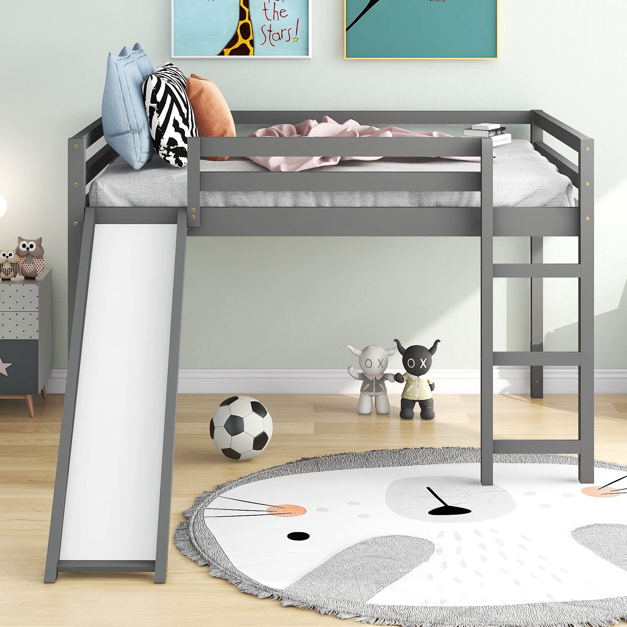 Full Size Loft Bed with Slide & Ladder - Sturdy Wooden Low Loft Bed with Safety Rail for Kids, Teens, Boys & Girls - No Box Spring Needed (Gray) - Perfect for Small Bedrooms, Dorm Rooms & Kids' Play Areas