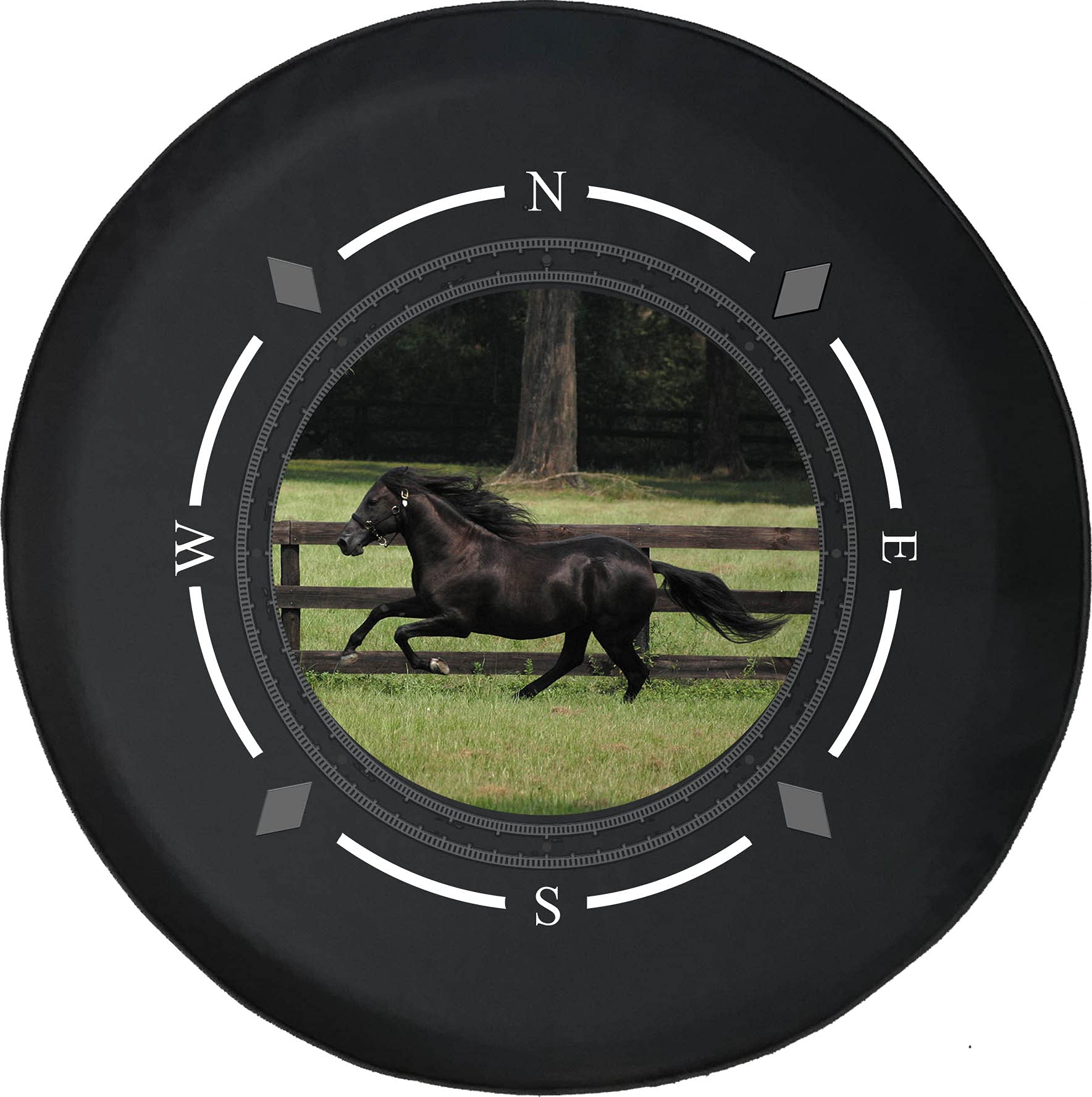 Premium American SUV Spare Tire Cover with Compass & Horse Running Field Design – Fits SUV, Trailer, RV & Most Vehicles – Durable Wooden Fence Country Style for Outdoor Adventures & Road Trips