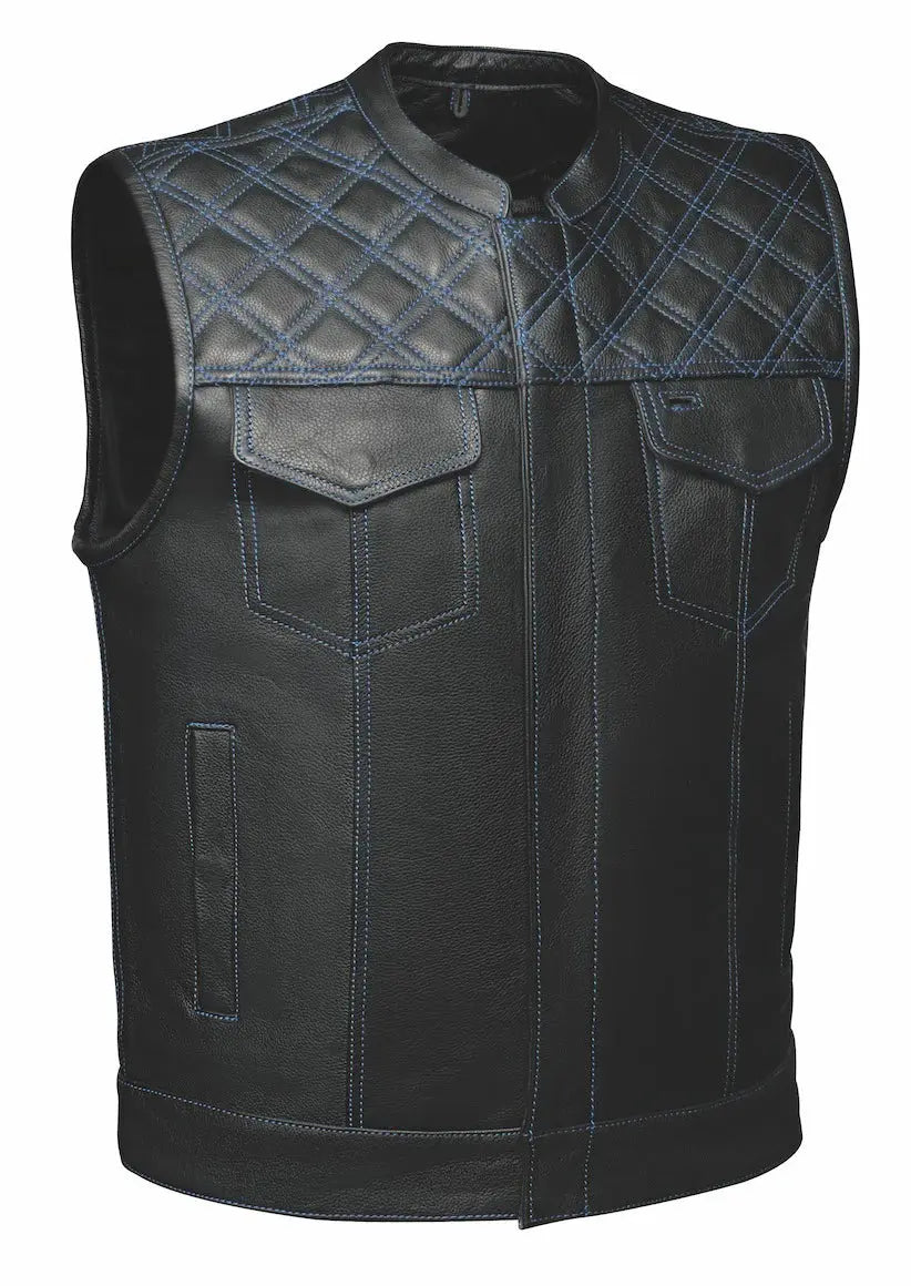 Open Road Men's Upside Leather Vest with Blue Stitched Diamonds - Stylish Biker Jacket for Motorcycle Riding & Casual Outfits