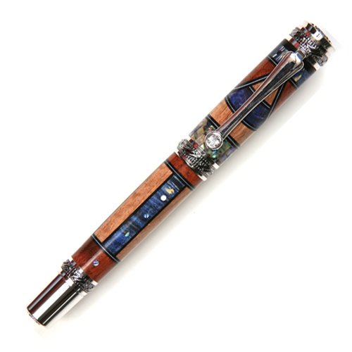 Lanier Majestic Fountain Pen - Black Titanium with Beeswing Narra, Pyinma & Blue Box Elder Wood - Elegant Paua Abalone Inlays | Premium Writing Instrument for Business Professionals & Gift Giving