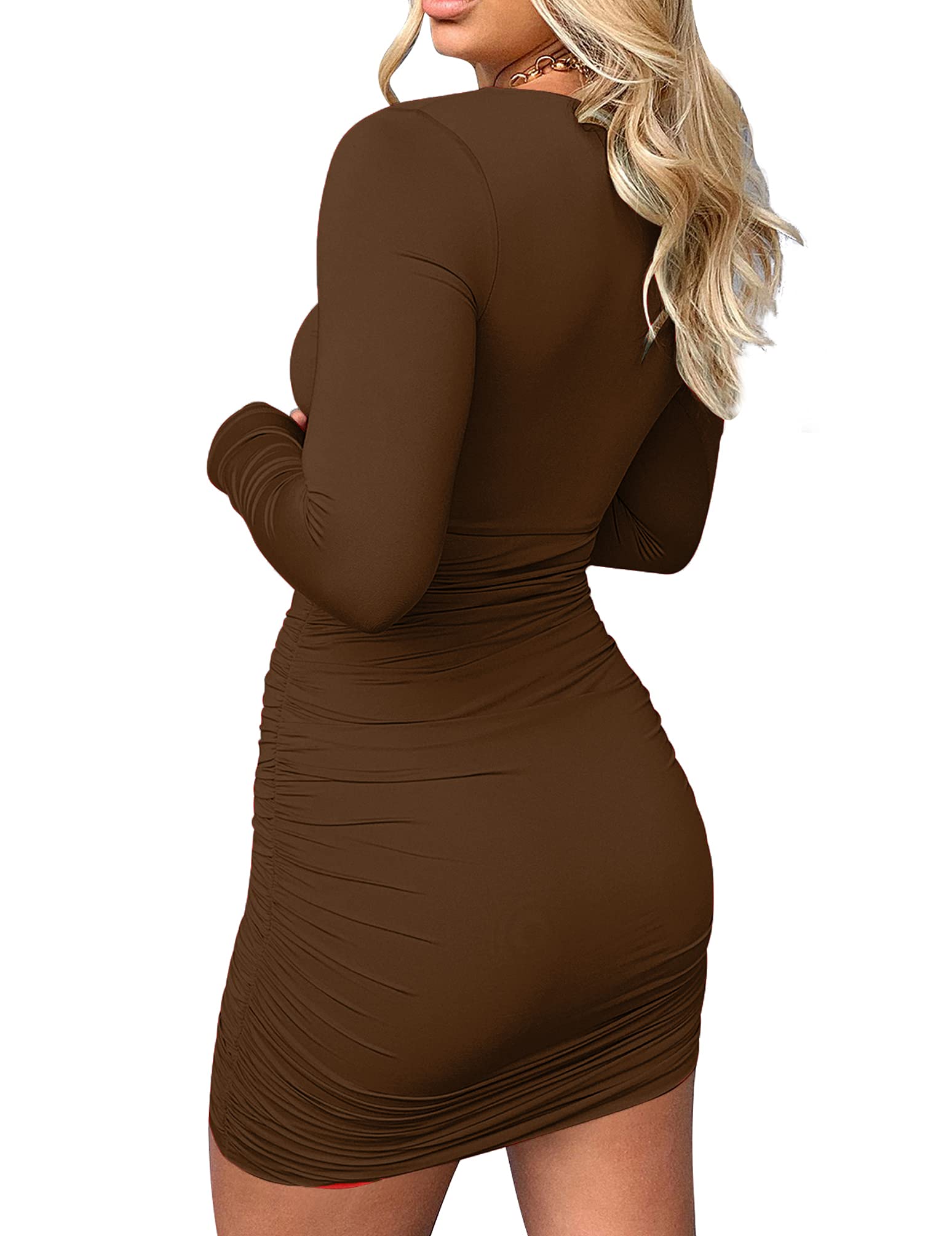 Mokoru Women's Sexy Ruched Bodycon Long Sleeve Cut Out Club Party Mini Dress - Perfect for Night Out, Date Night, and Special Occasions