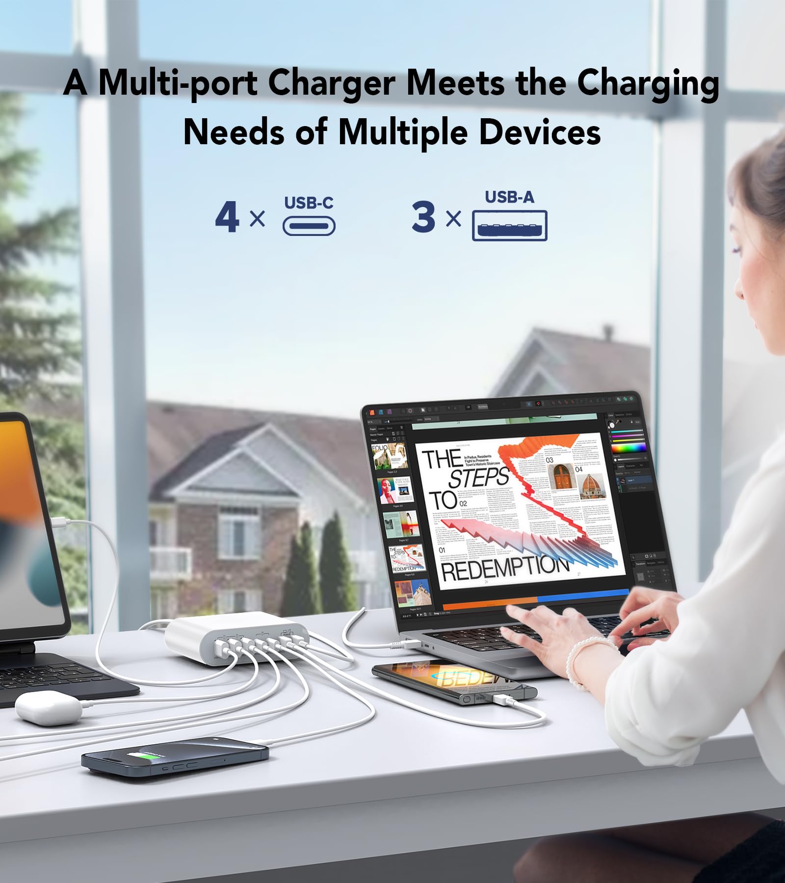 185W 7-Port USB C Charging Station - Fast Multi-Port Desktop Charger for MacBook Pro/Air, iPad, iPhone 15/14/13/12, Samsung Galaxy Note - Perfect for Home Office & Travel Accessories