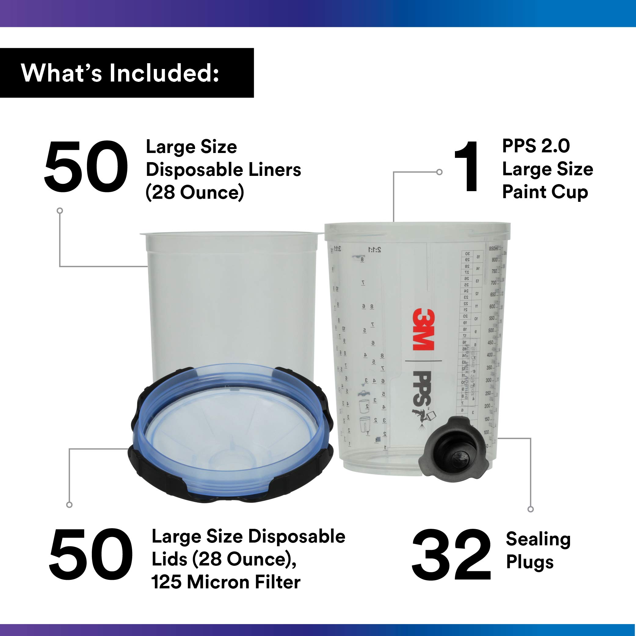 3M PPS 2.0 Spray Gun Cup System - 28oz Large Paint Cup with 50 Disposable Lids & Liners, 125-Micron Filter & 32 Sealing Plugs - Perfect for Automotive Painting, Furniture Refinishing & Home DIY Projects