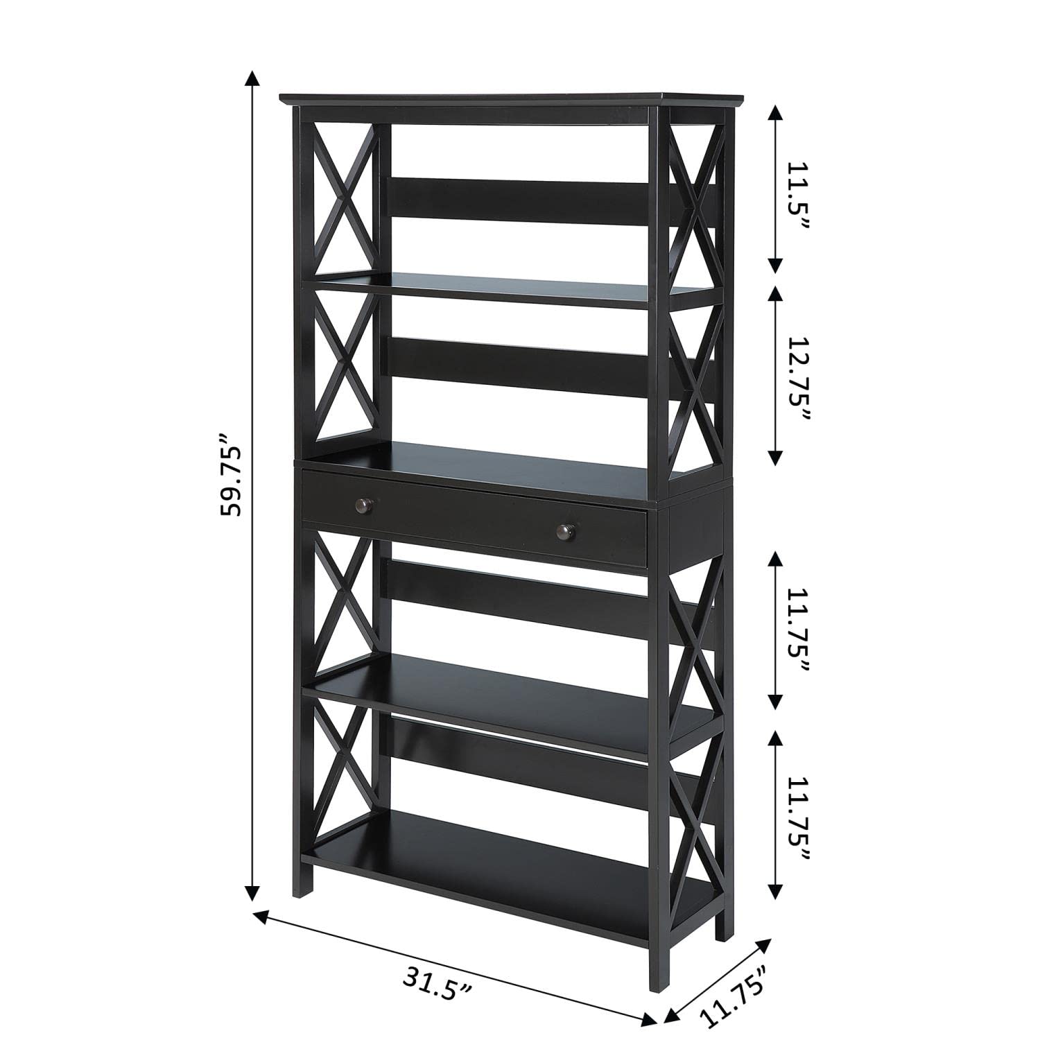 Oxford 5-Tier Bookcase with Storage Drawer - Black Wooden Bookshelf for Living Room, Bedroom & Office Organization