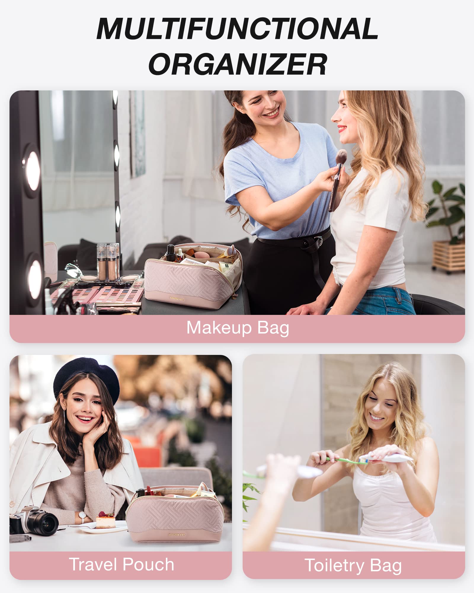 BAGSMART Water-Resistant Makeup Bag for Women - Travel Cosmetic Organizer with Flat Opening Design, Portable Toiletry Pouch for Brushes & Beauty Essentials (Pink) | Perfect for Travel, Gym & Daily Makeup Storage