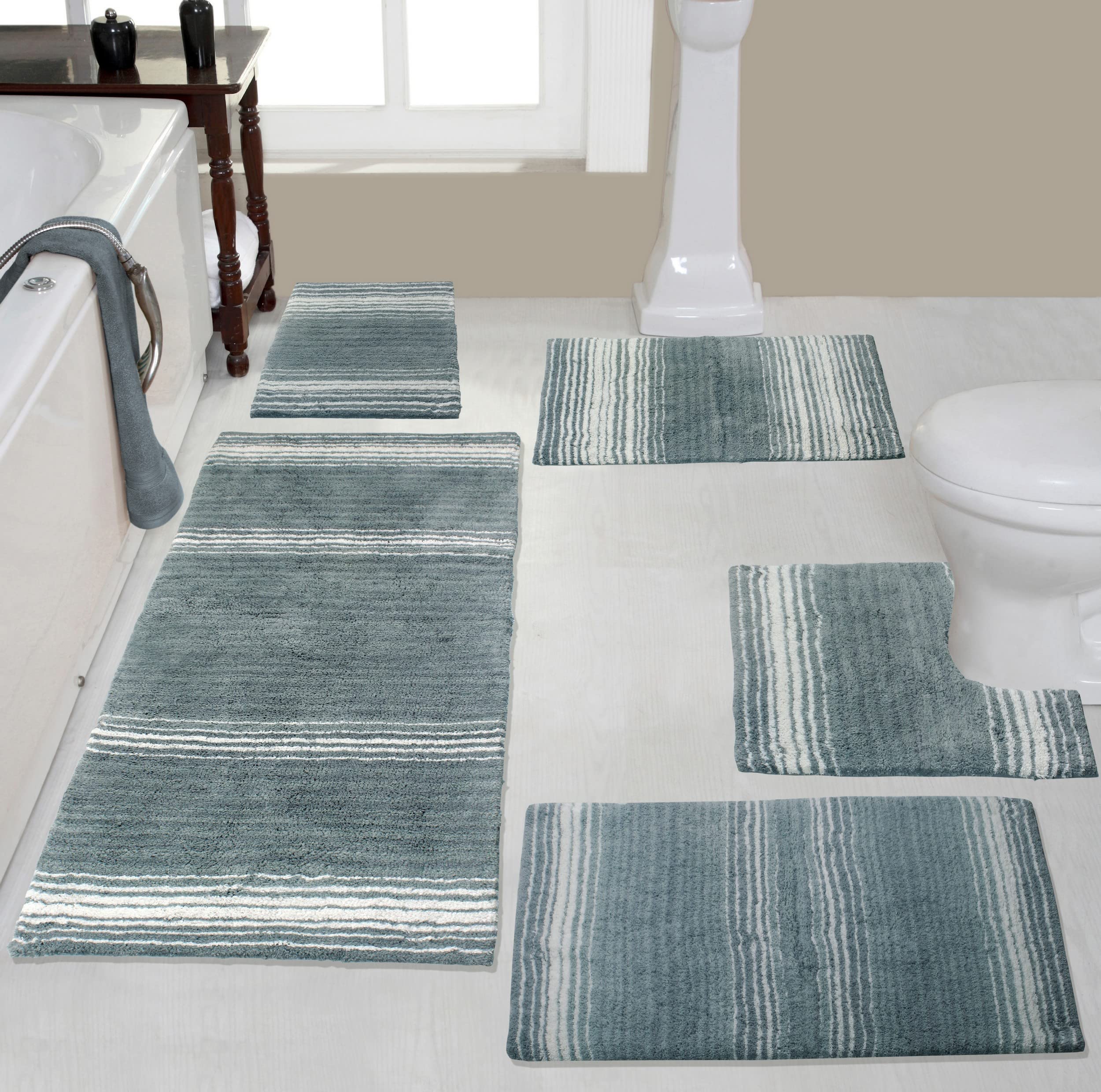 100% Cotton Bathroom Rug Set - Non-Slip Washable Bath Mat & Kitchen Mat 5-Piece Set with Contour | Soft Home Decor for Bathroom & Kitchen Floor | Gray Gradient Collection by Home Weavers | Perfect for Modern Homes, Spa Bathrooms & Cozy Kitchens