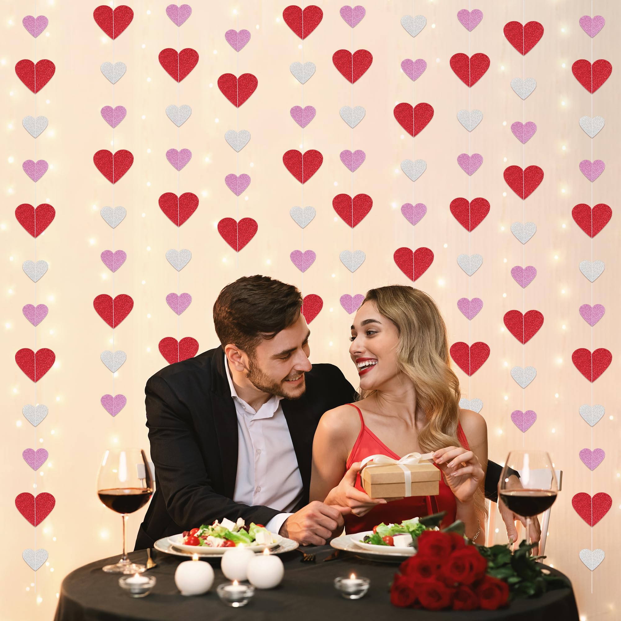 8 Packs Red Pink Silver Glitter Heart Garland String - Valentine's Day Decorations for Home, Mantle, Wedding, Anniversary & Birthday Party - Romantic Heart Banner for Wall, Ceiling, Door & Photo Backdrop