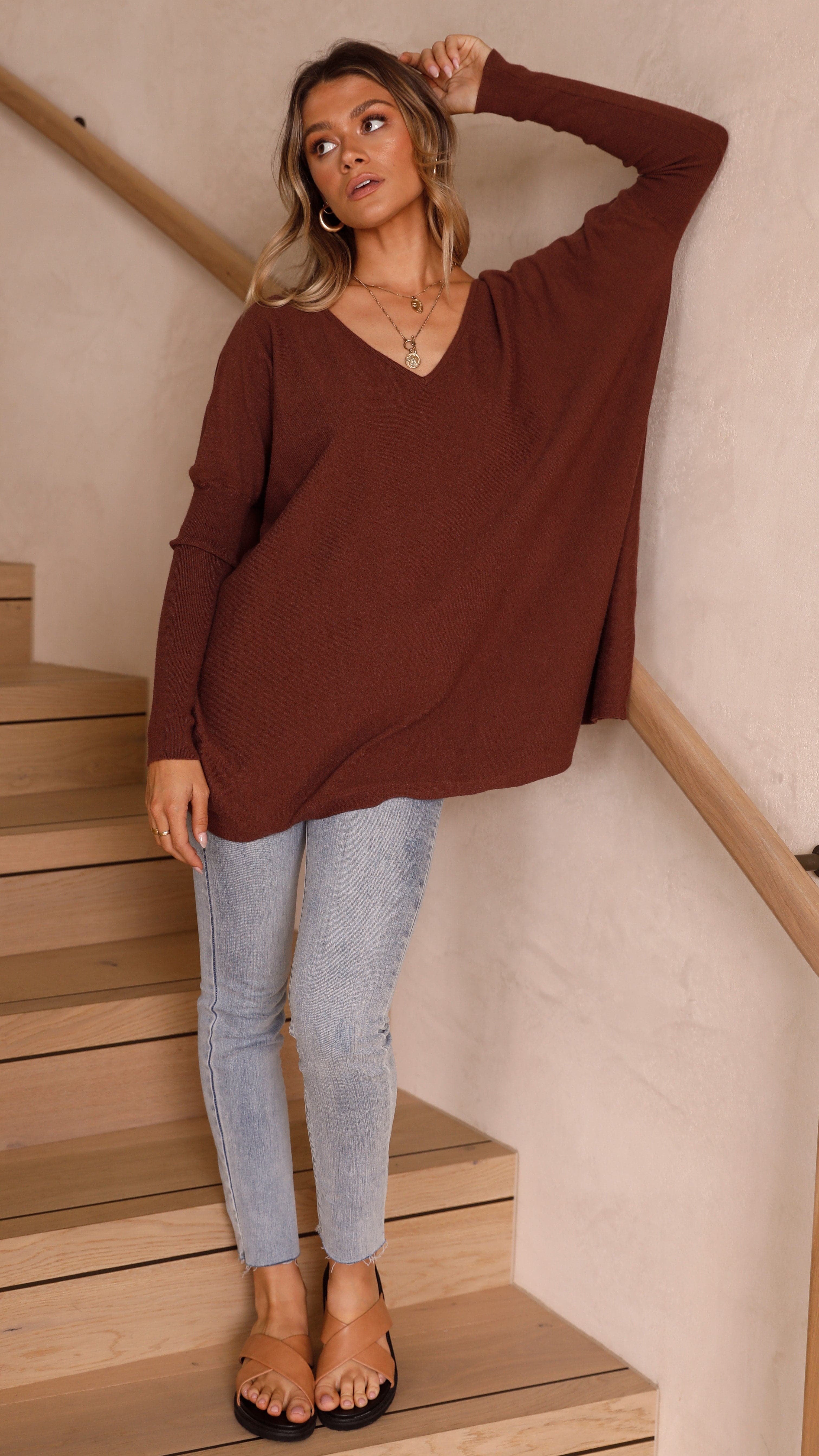Amalia Knit Top Women's Casual Long Sleeve Sweater Chocolate Brown - Perfect for Fall Layering & Office Wear