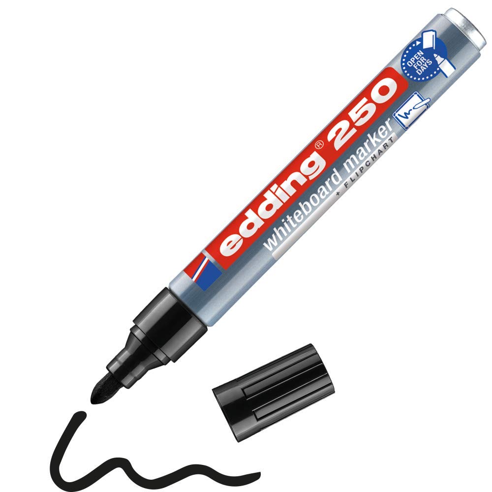edding 250 Whiteboard Markers - Black Bullet Tip 1.5-3mm - Refillable Dry Erase Markers for Whiteboard, Flipchart, Glass & Magnetic Boards - Ideal for Office Meetings, Classroom Teaching & Home Organization