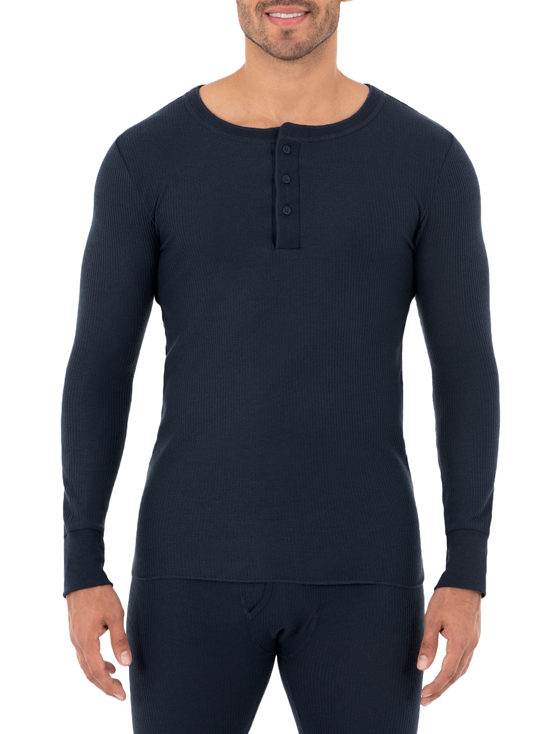 Fruit of the Loom Men's Recycled Waffle Thermal Henley Top - Eco-Friendly Long Sleeve Base Layer for Cold Weather, Hiking & Outdoor Activities