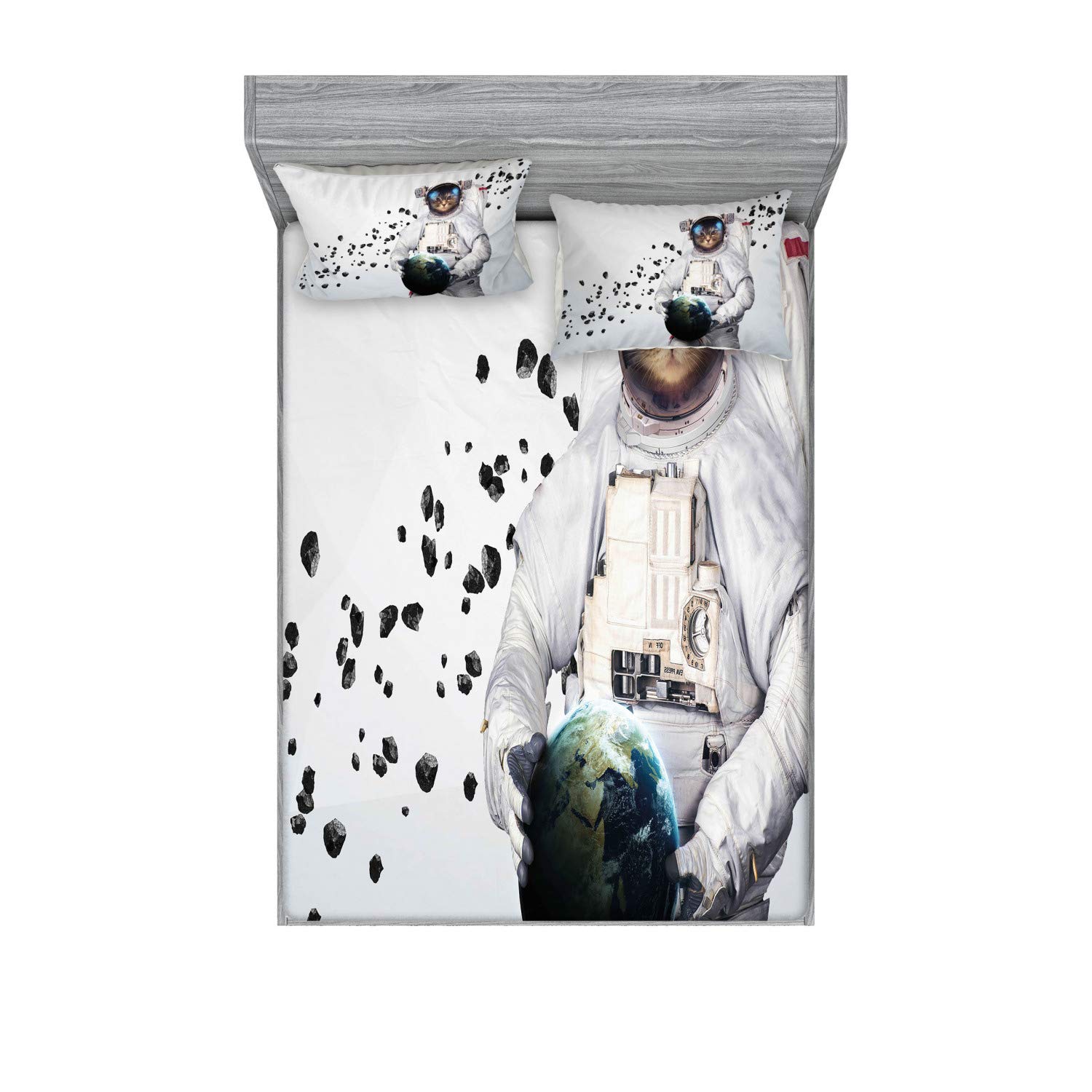 Ambesonne Space Cat Fitted Sheet & Pillow Sham Set - Astronaut Kitten in Space Suit Holding Planet with Galaxy Print, 3-Piece King Size Bedding Set in White, Black & Blue | Perfect for Kids Room, Space-Themed Bedroom Decor & Sci-Fi Lovers