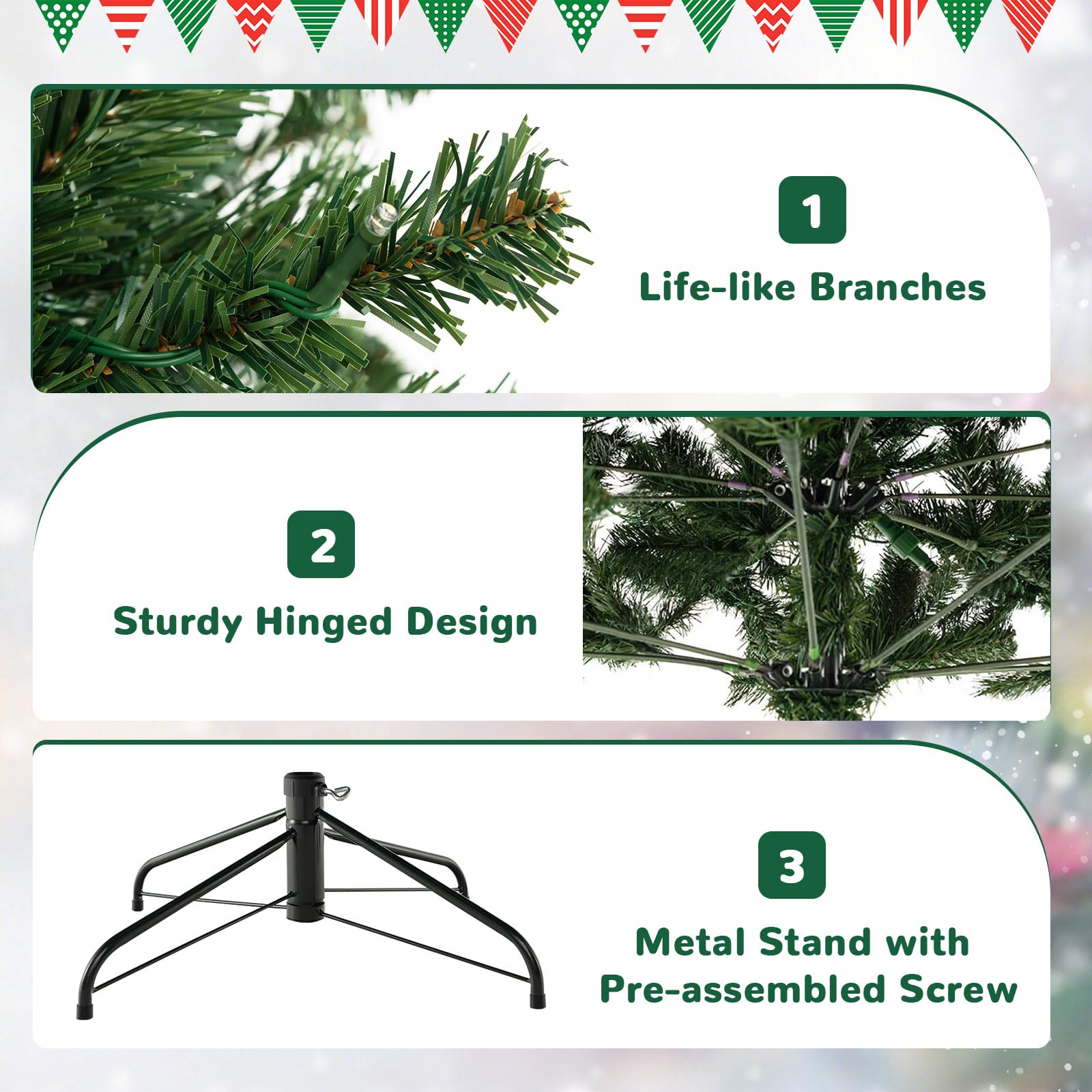 GOLFAME 8FT Pre-Lit Artificial Christmas Tree with 880 Warm White LED Lights | 1498 Realistic Branch Tips | Sturdy Metal Stand | Holiday Decor for Home, Office, Party & Indoor Christmas Decoration
