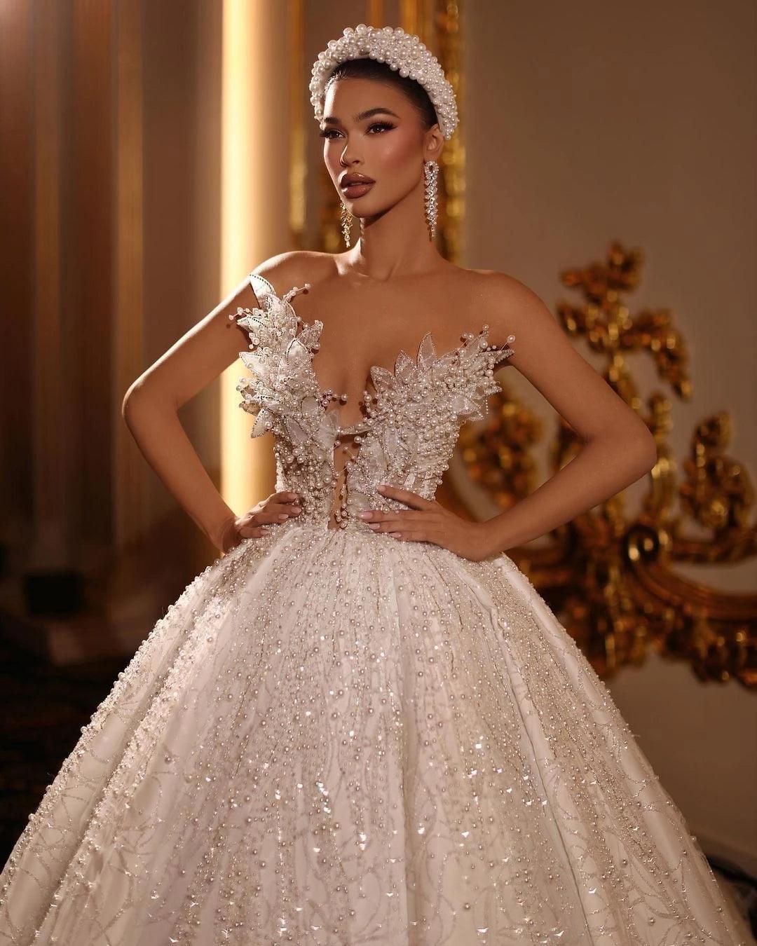 Elegant Pearl Beaded Lace Wedding Dress - Custom V Neck Bridal Gown for Romantic Ceremonies & Beach Weddings