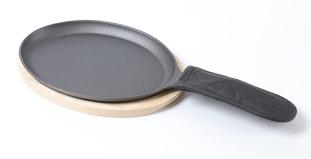 HAWOK Pre-Seasoned Cast Iron Fajita Plate Sizzler Pan Set with Wooden Tray & Handle Holder - 12 Inch Skillet with Wooden Base & Cover - Perfect for Sizzling Fajitas, Steaks & Sizzling Platter Dishes at Home or Restaurant