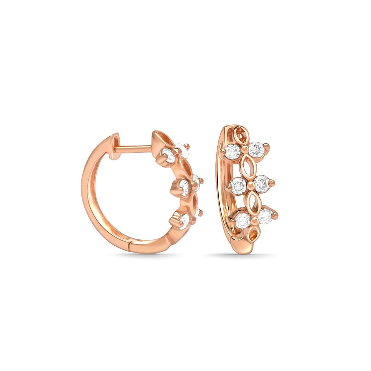 14k Rose Gold Floral Diamond Huggie Earrings for Women - Dainty Everyday Hoop Earrings for Work, Date Night & Special Occasions