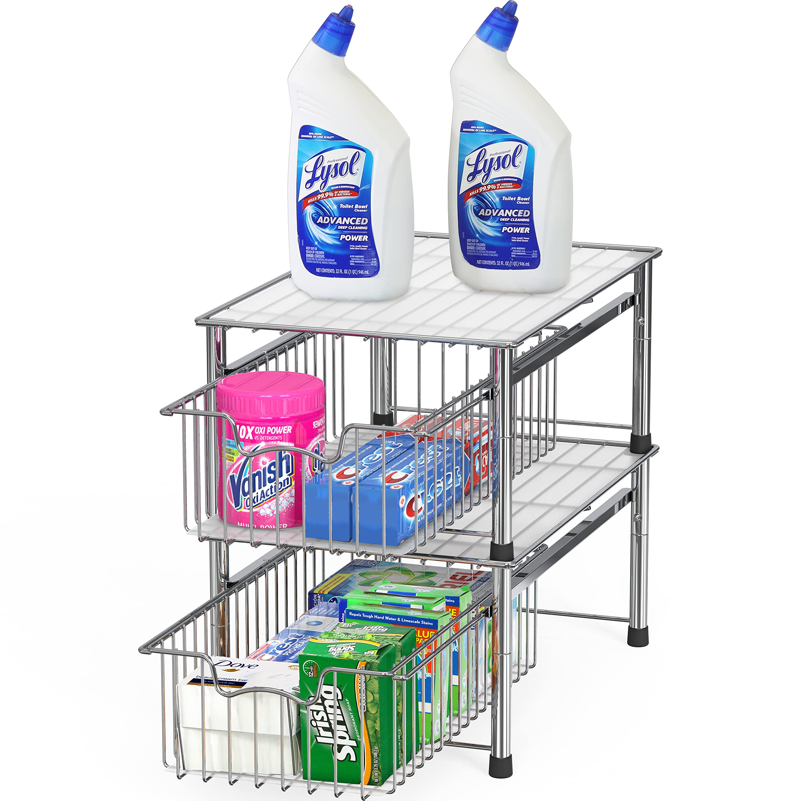 Stackable Chrome Wire Basket Drawer for Kitchen, Bathroom & Office Organization - Simple Houseware Storage Solution for Cabinets, Shelves & Closets
