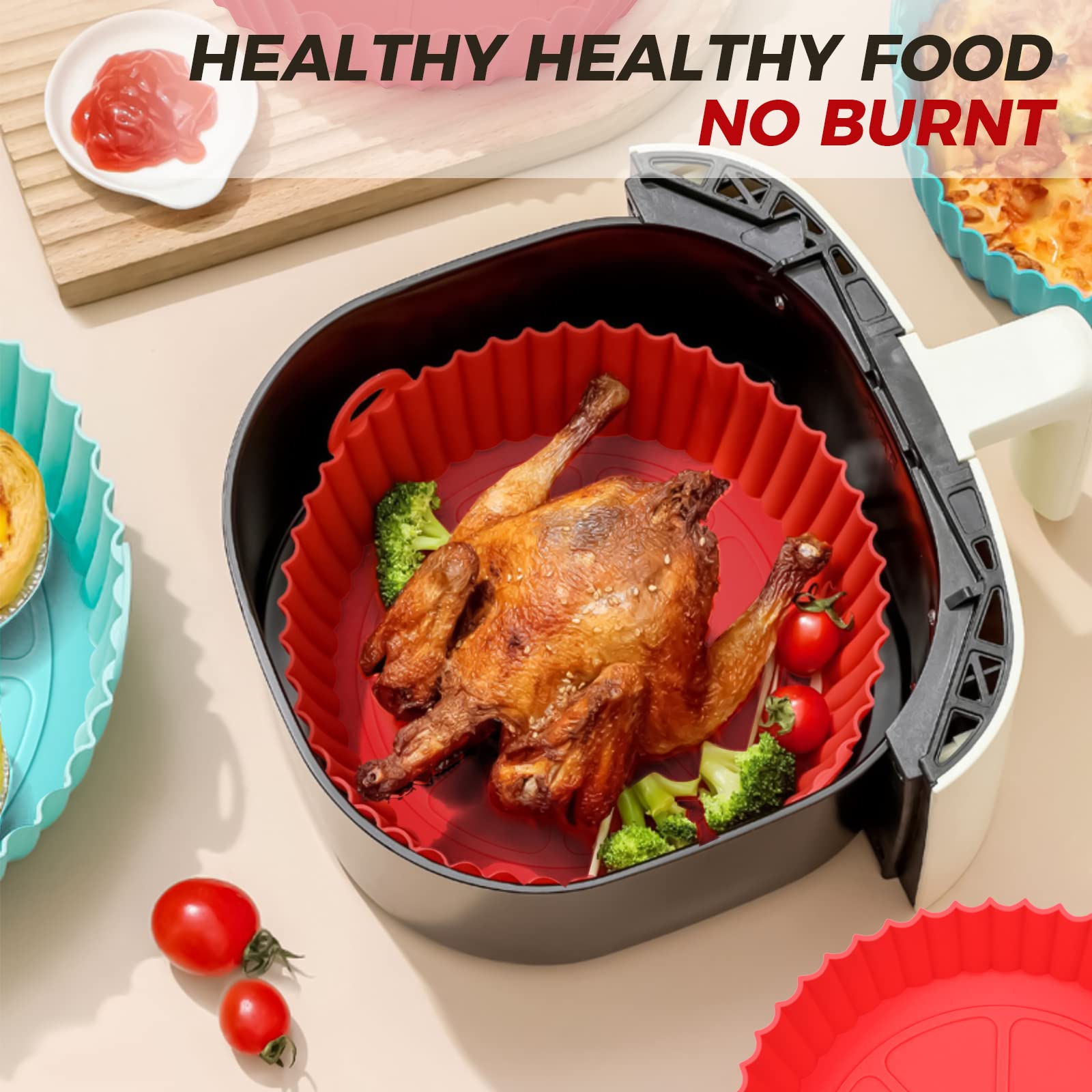 3Pcs Reusable Silicone Air Fryer Liners - 7.9 Inch Non-Stick Baking Tray, Food Grade & Greaseproof Accessories for Ninja, Tower, COSORI Air Fryers - Perfect for Roasting, Baking, and Frying Chicken Wings, Fries & Vegetables