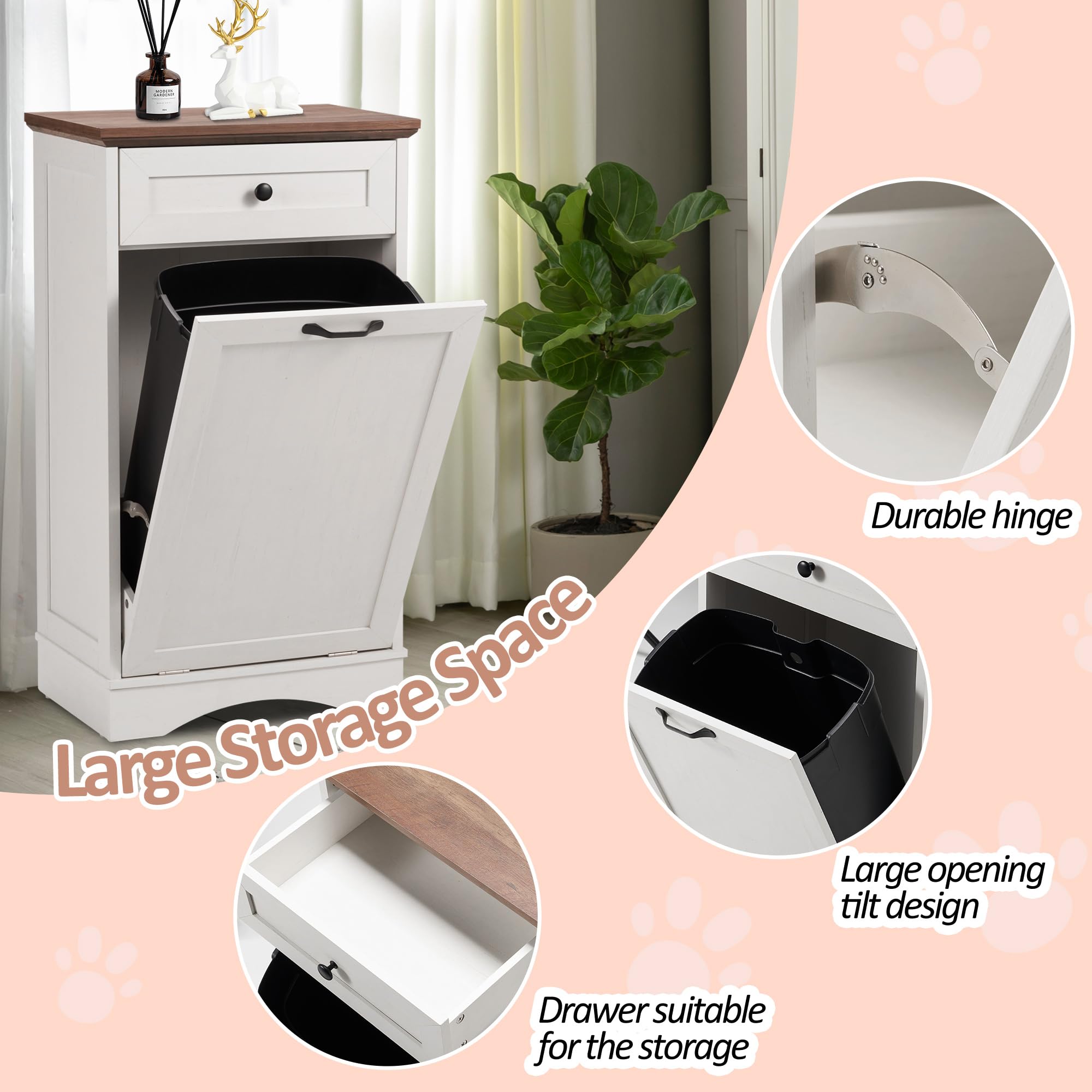 Spurgehom 13 Gallon Tilt-Out Trash Cabinet - Kitchen Waste Bin with Laundry Hamper, Pet-Proof Hidden Trash Can for Kitchen & Living Room in Antique White - Perfect for Small Spaces, Apartments & Pet Owners
