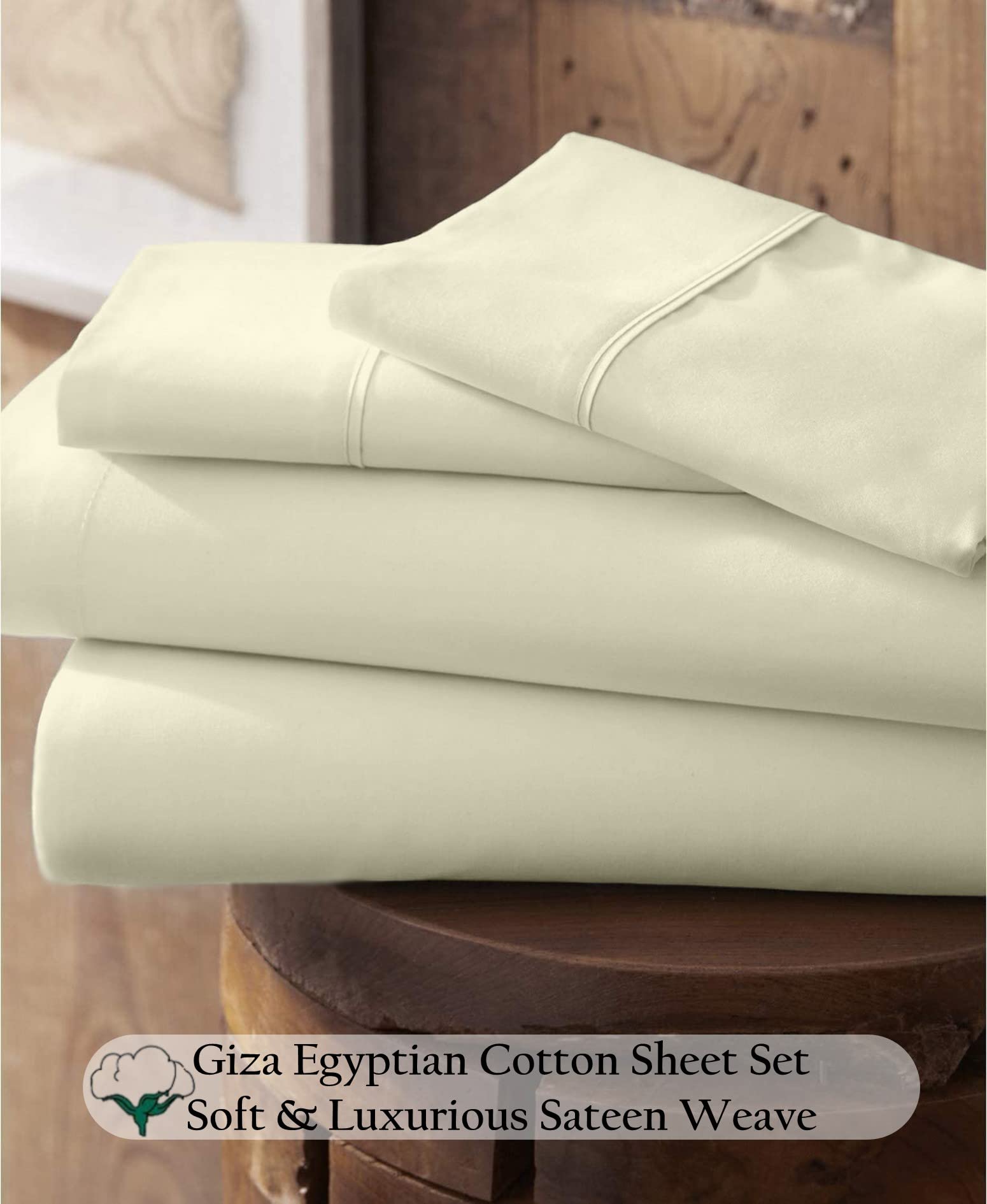 100% Certified Giza Cotton Pillowcase & Sheet Set - RV Short Queen Size, Soft Sateen Weave, Breathable Egyptian Cotton Bedding for Deep Pockets (Up to 18