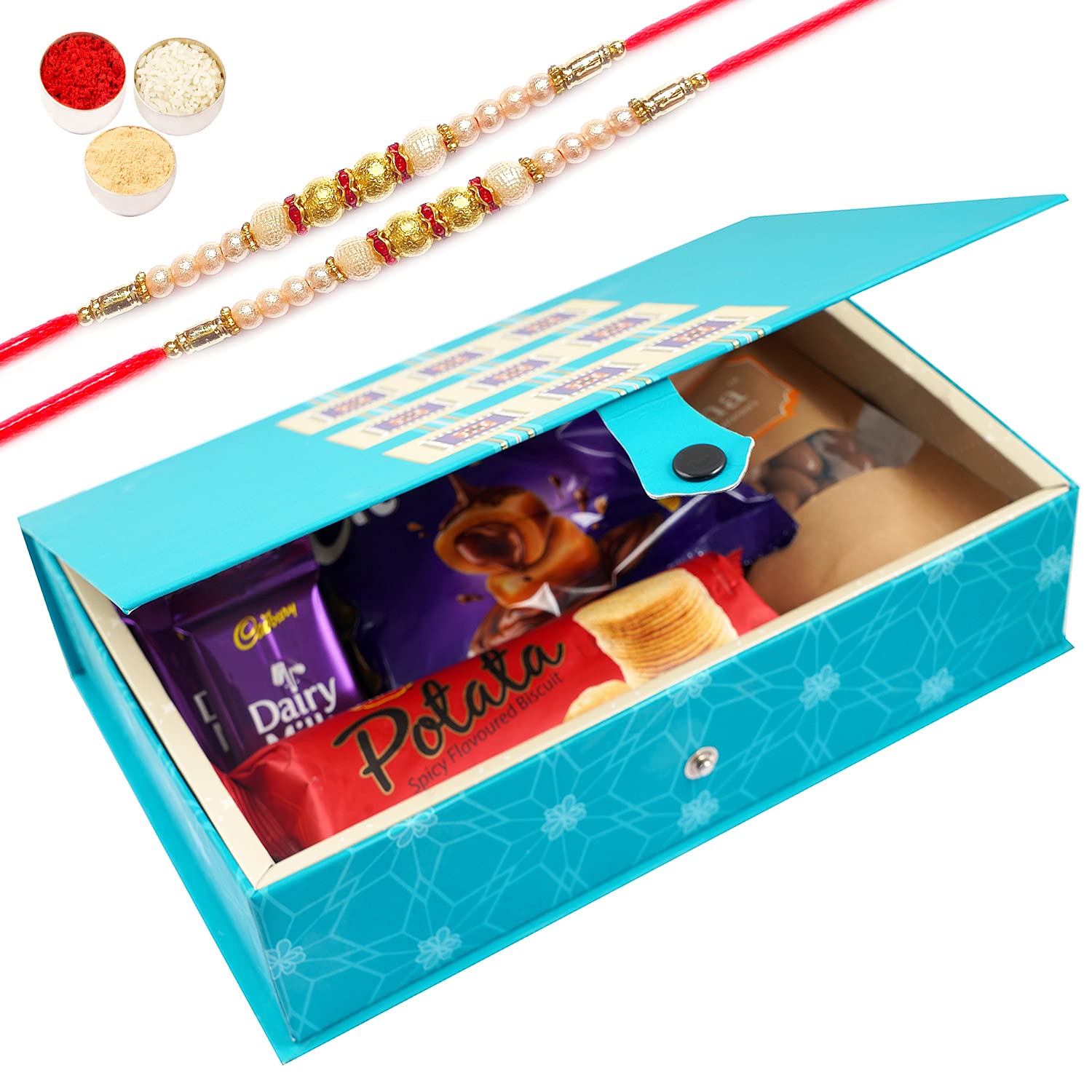 Jaiccha Ghasitaram Rakhi Gift Box for Brothers - Premium Assortment of Milk Chocolates, Caramel Toffees, Chocolate Almonds & Potato Biscuits with 2 Pearl Rakhis | Perfect Indian Festival Gift for Raksha Bandhan Celebrations