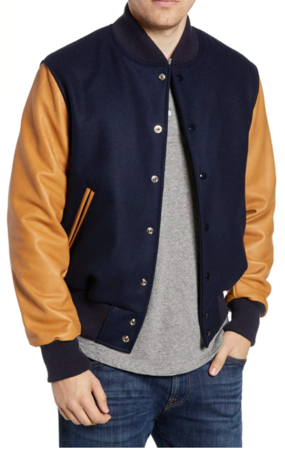 Varsity Jacket Letterman Bomber Jacket - Navy Blue Wool Body with Genuine Tan Leather Sleeves | Baseball Jacket for Men | Perfect for School, Sports & Casual Outfits