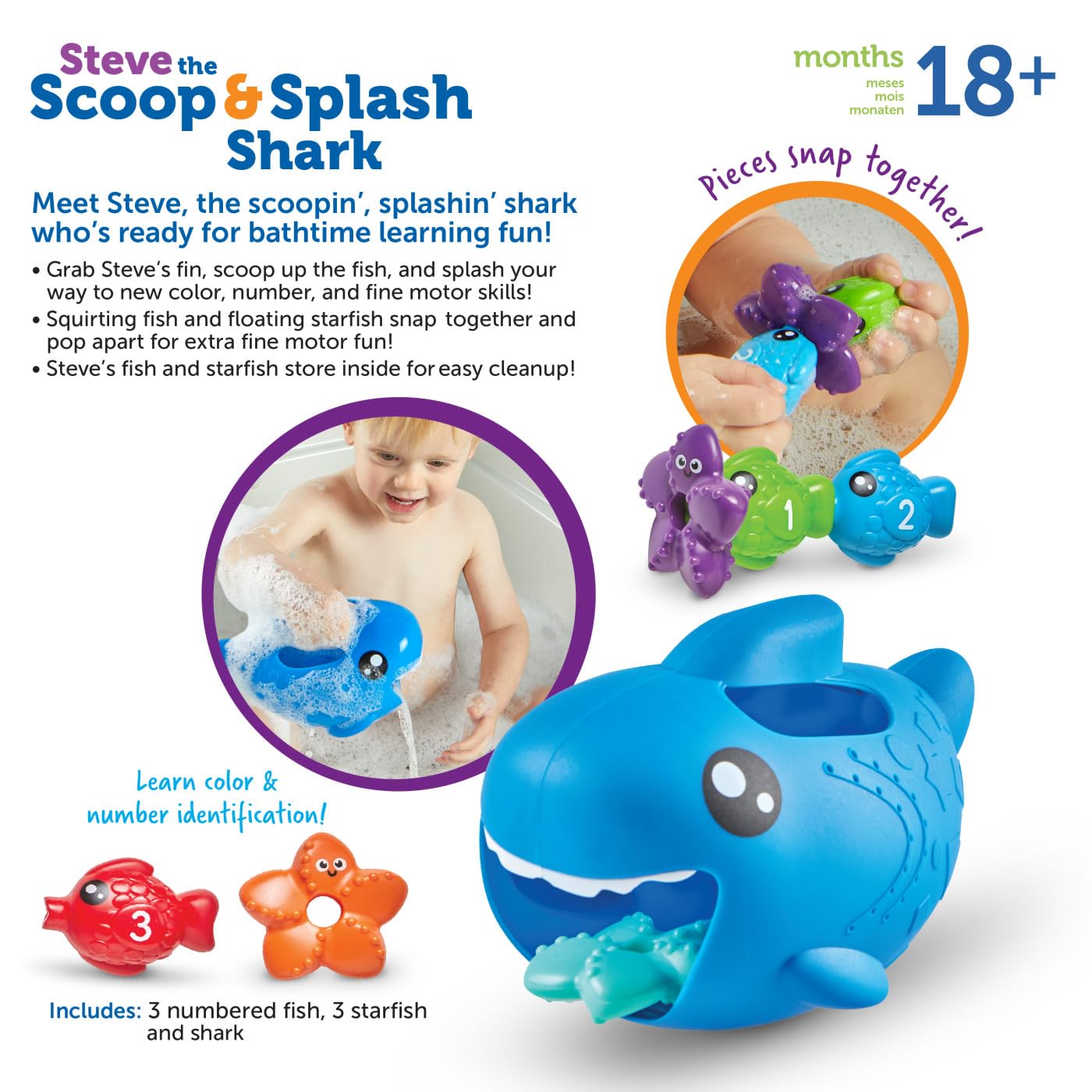 Learning Resources Steve The Scoop & Splash Shark - 7 Piece Toddler Bath & Pool Water Toy Set for Babies 18+ Months - Fun Educational Bathtub & Swimming Pool Toys for Kids - Perfect Stocking Stuffer Gift for Toddlers