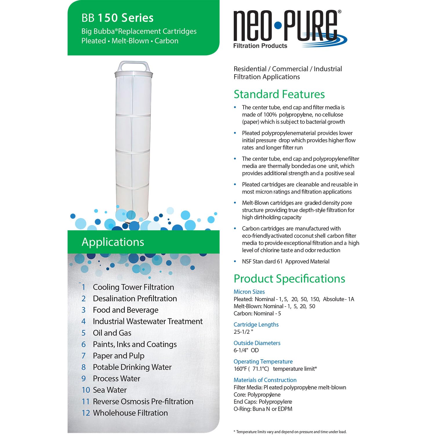Neo-Pure BB150-PH01A Big Bubba 1 Micron Pleated Water Filter Cartridge - Compatible with Watts BBC-150-P1A & BBH-150 Housing - Ideal for Home, RV, and Commercial Water Filtration Systems
