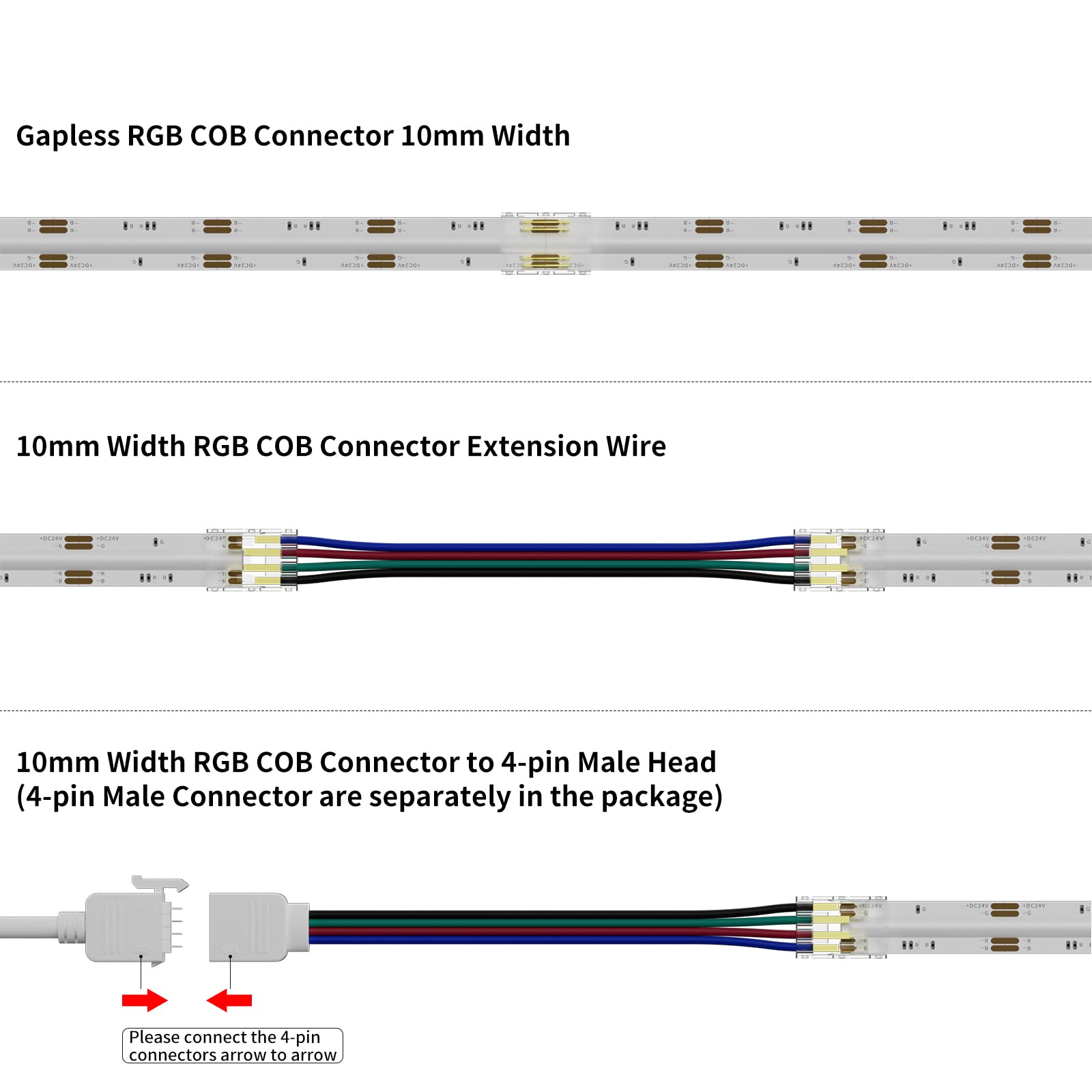 PAUTIX 10mm 4 Pin COB RGB LED Strip Light Connectors - 4pcs Transparent Gapless Connectors, 3pcs Dual End Extensions & 2pc Single to 4 Pin Plugs with 5.5in Wires for Home Theater, Bar Lighting & DIY LED Projects