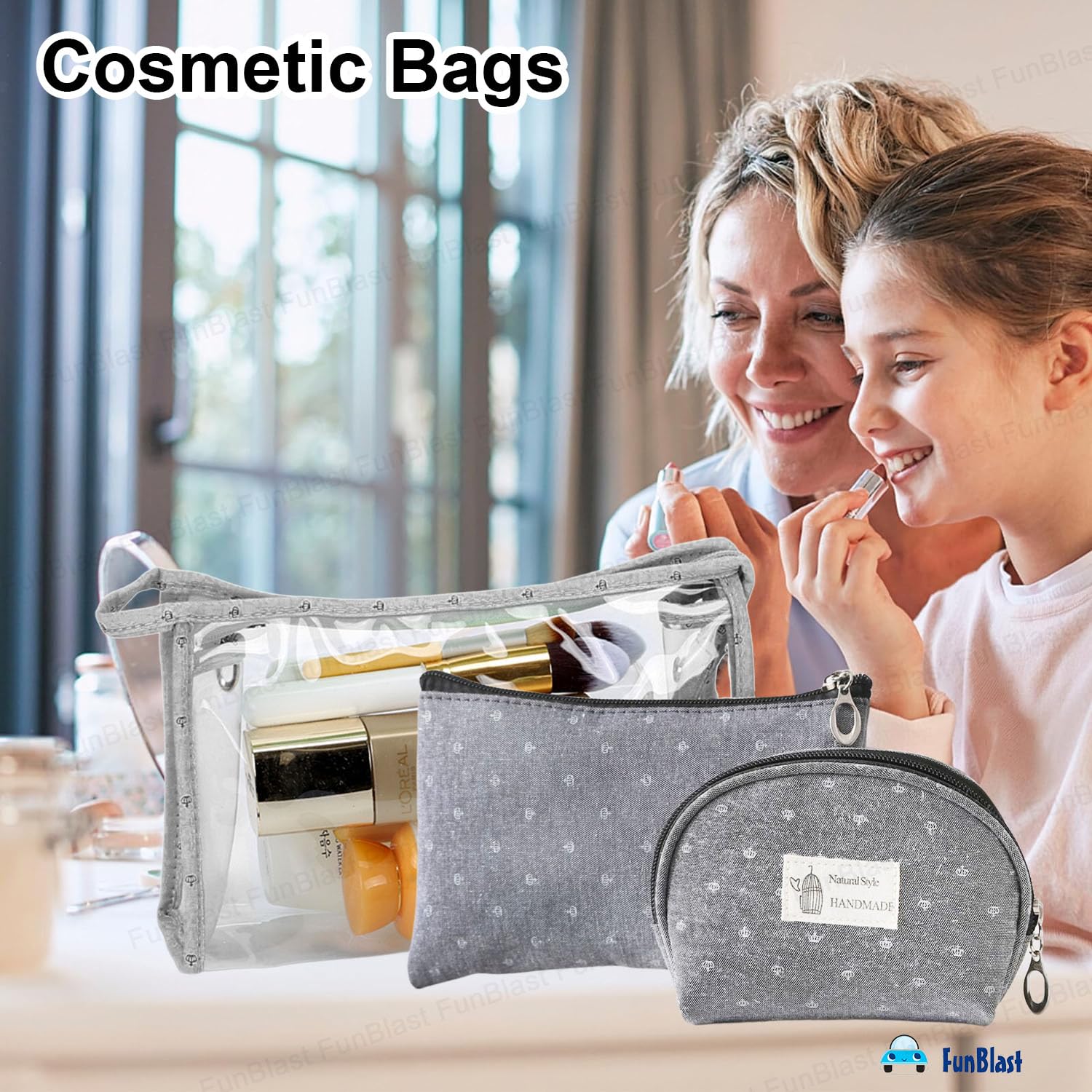 FunBlast 3-Pack Cosmetic Makeup Bags for Women - Waterproof Travel Toiletry Organizer with Zipper, Portable Vanity Pouch for Makeup, Jewelry & Essentials - Perfect for Travel, Gym, Work & Daily Use (Grey)