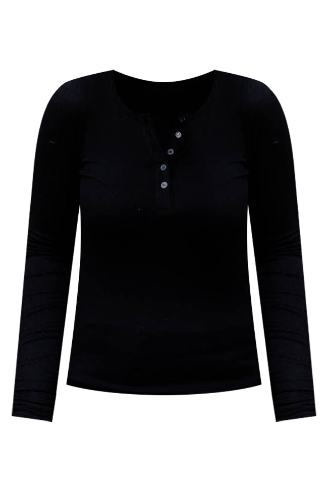 Stylish Black Ribbed Knit Henley Long Sleeve T-Shirt for Men - Soft Cotton Blend, Comfort Fit - Perfect for Casual Wear, Layering & Outdoor Activities