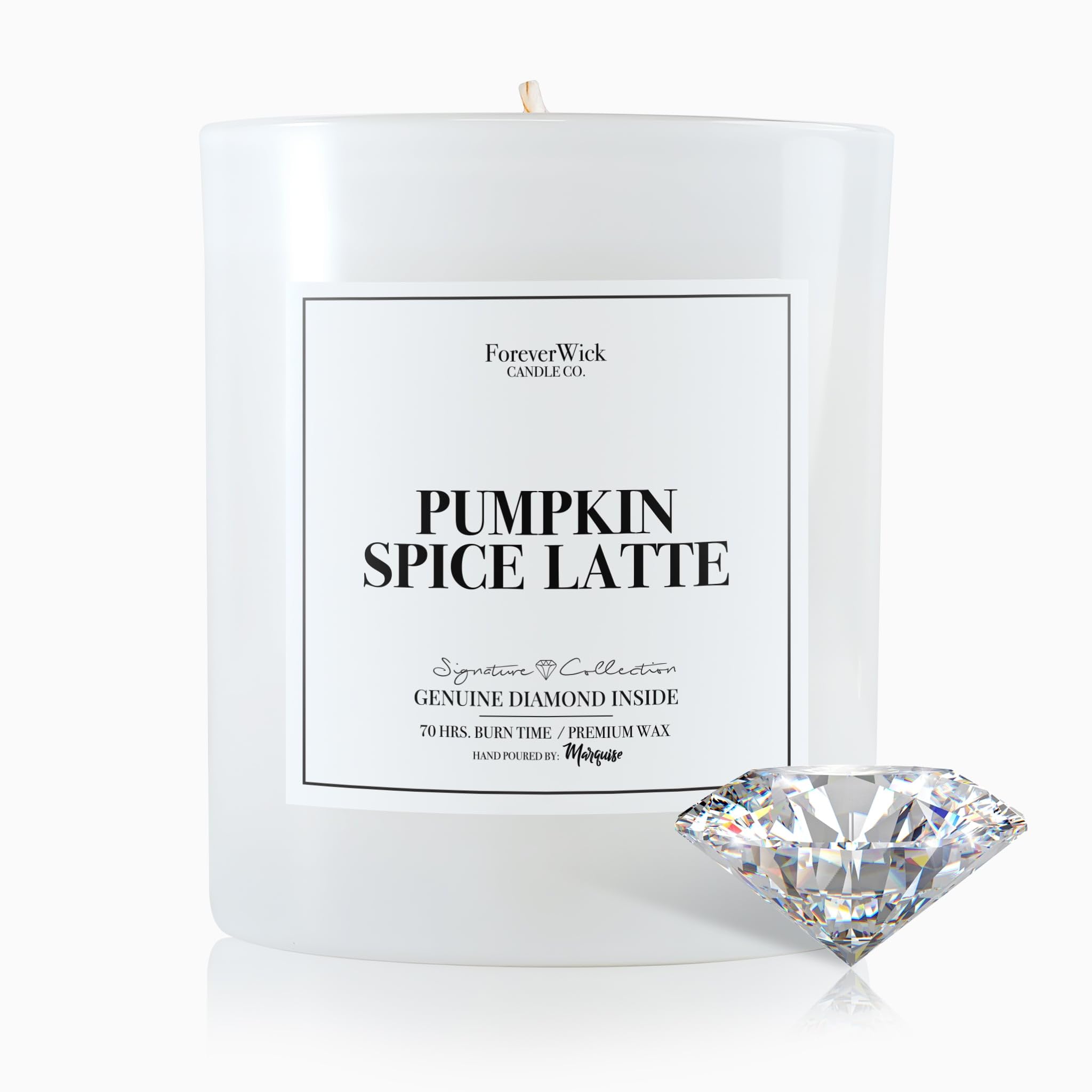 Foreverwick All-Natural Pumpkin Spice Latte Scented Soy Candle with GIA-Certified Diamond Inside - 14oz Aromatherapy Gift for Women (70-Hour Burn Time) | Perfect for Cozy Fall Evenings, Romantic Dinners & Spa Relaxation
