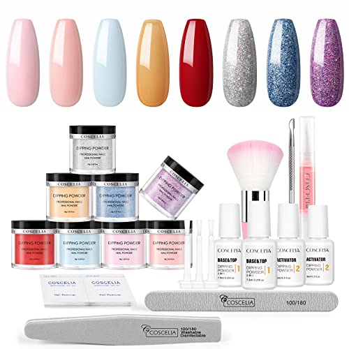 8 Colors Dipping Powder Nail Kit Starter Set - Base Coat, Top Coat, Activator & Dipping Liquid - No UV Light Needed for DIY Manicure at Home or Salon - Perfect for Nail Art, French Tips & Long-Lasting Gel-Like Nails