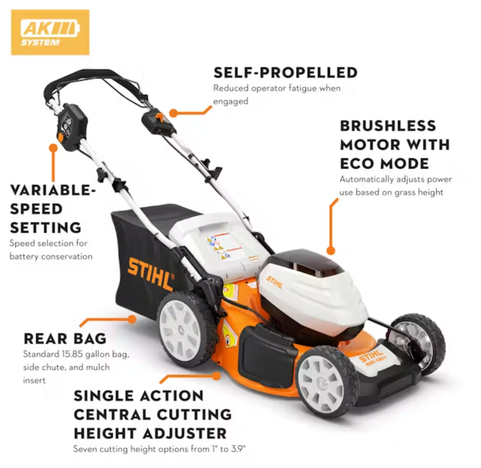 STIHL RMA 460 V 21-Inch Cordless Battery Powered Self-Propelled Lawn Mower - Perfect for Medium to Large Yards, Quiet Operation for Residential Areas