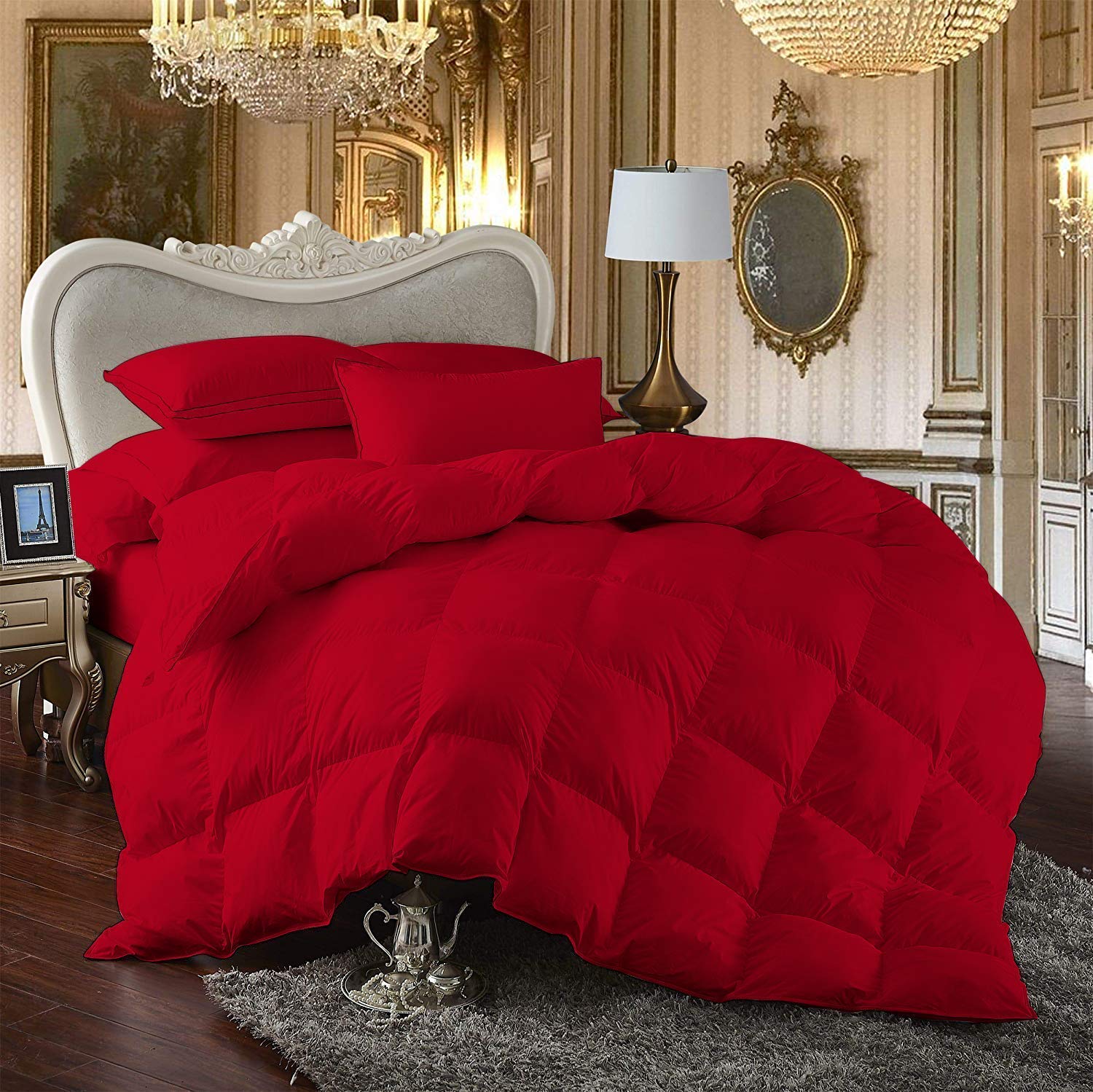 Premium Queen/Full Red Goose Down Comforter Set - 100% Organic Cotton Duvet Insert with Corner Tabs | Ultra Warm Winter Bedding | Box Stitched Luxury Comforter + 2 Pillow Cases | Perfect for Cold Nights, Master Bedroom Decor & Cozy Guest Room Setup