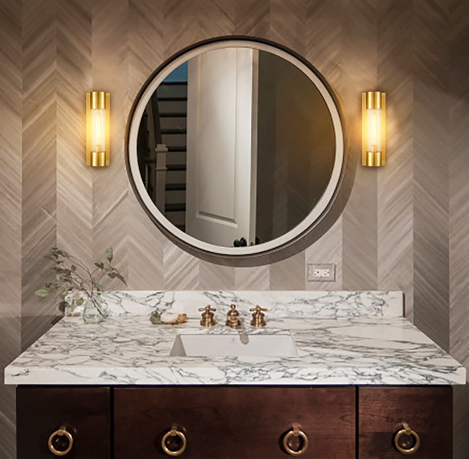 Modern Bathroom Vanity Light - Brass Wall Sconce with Crackle Glass Shade for Mirror Lighting, Hallway & Entryway - Waterproof LED Fixture for Home Decor